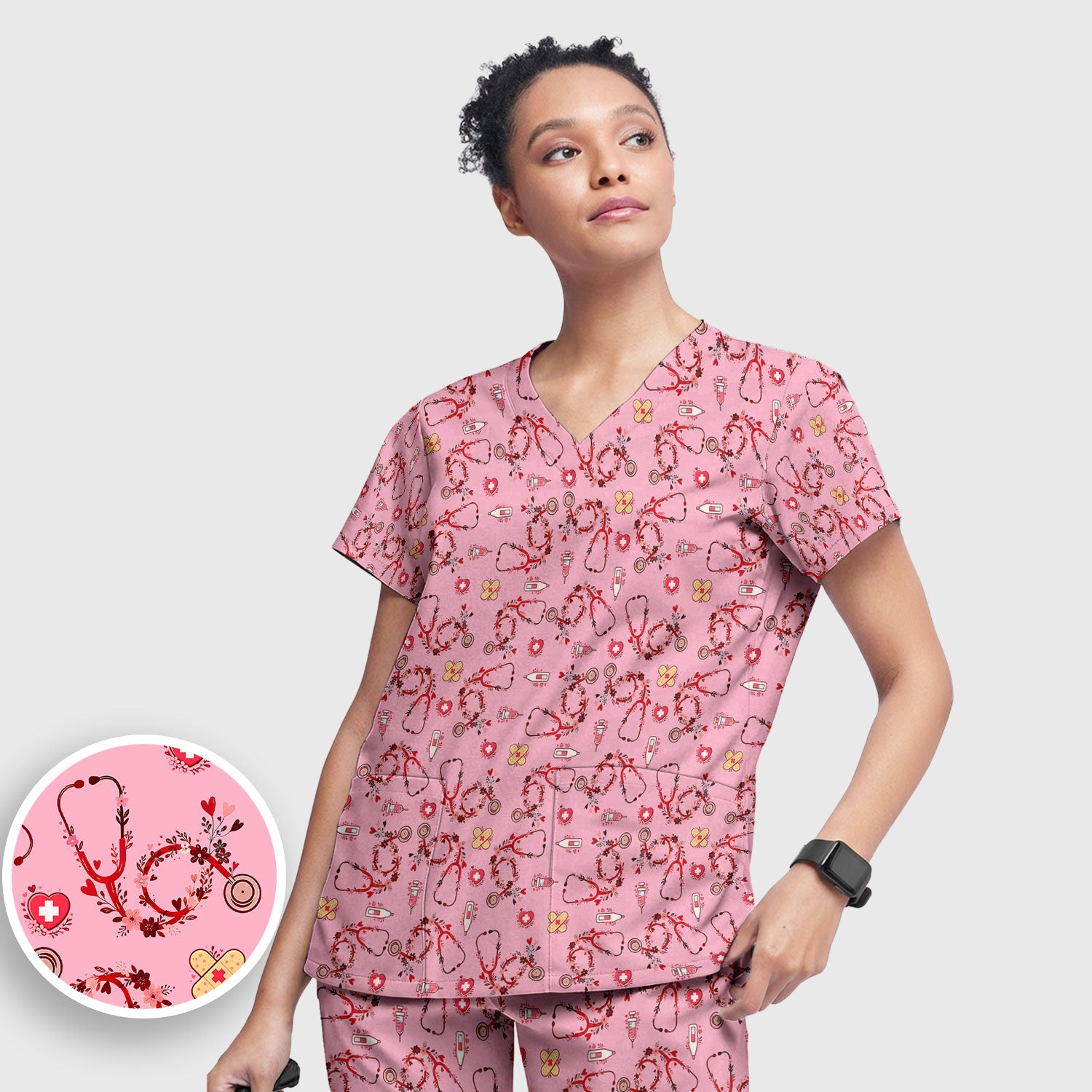 Heart Stethoscope Medical Pattern Scrub Set, Breathable Med Uniform