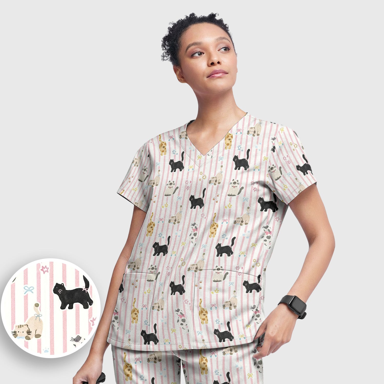 Cute Playful Cat Stripe Ribbon Pattern Scrub Set, Scrub Pants and V Neck Top
