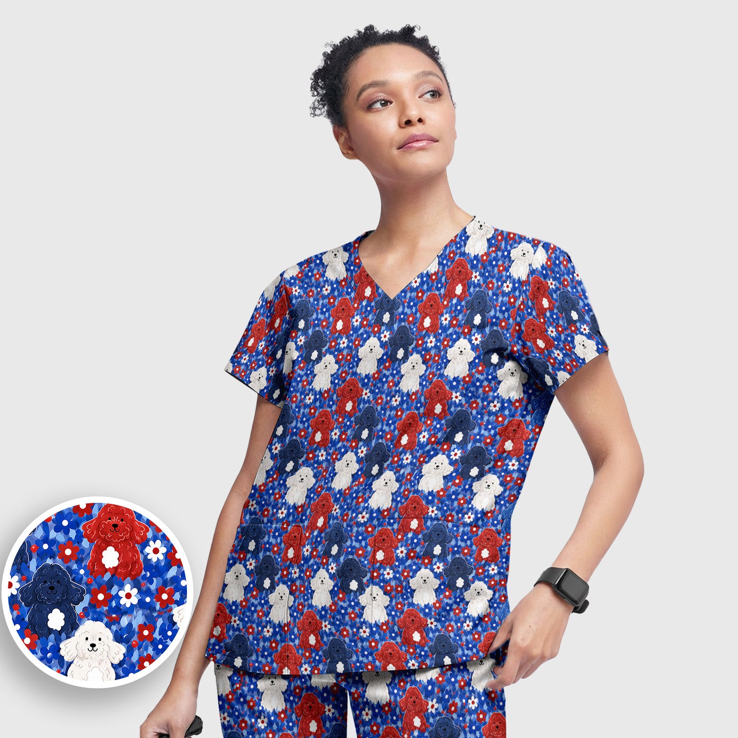 Cute Poodle Floral Garden Print Scrub Set, Scrub Pants and V Neck Top