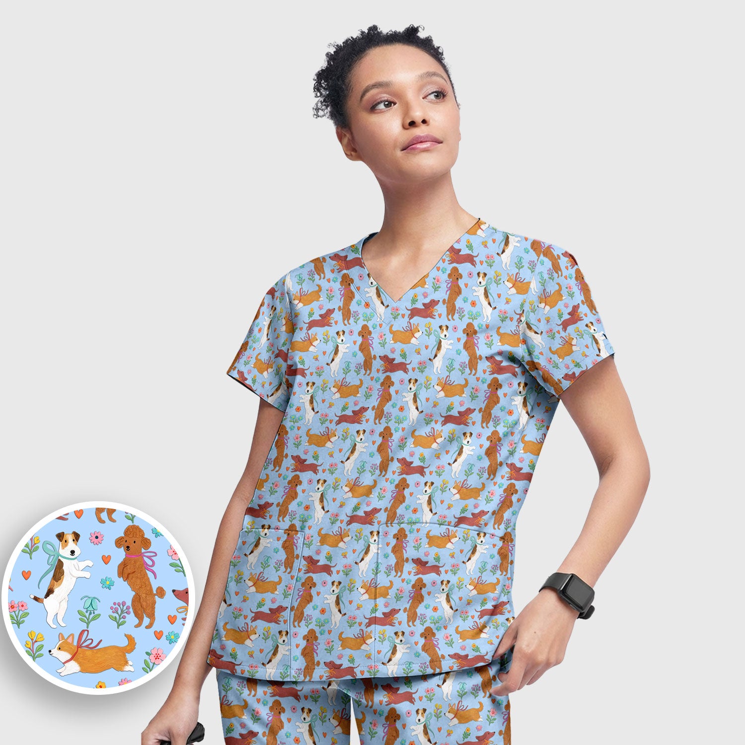 Cute Cartoon Dog Print Women's Scrub Set, Scrub Pants and V Neck Top