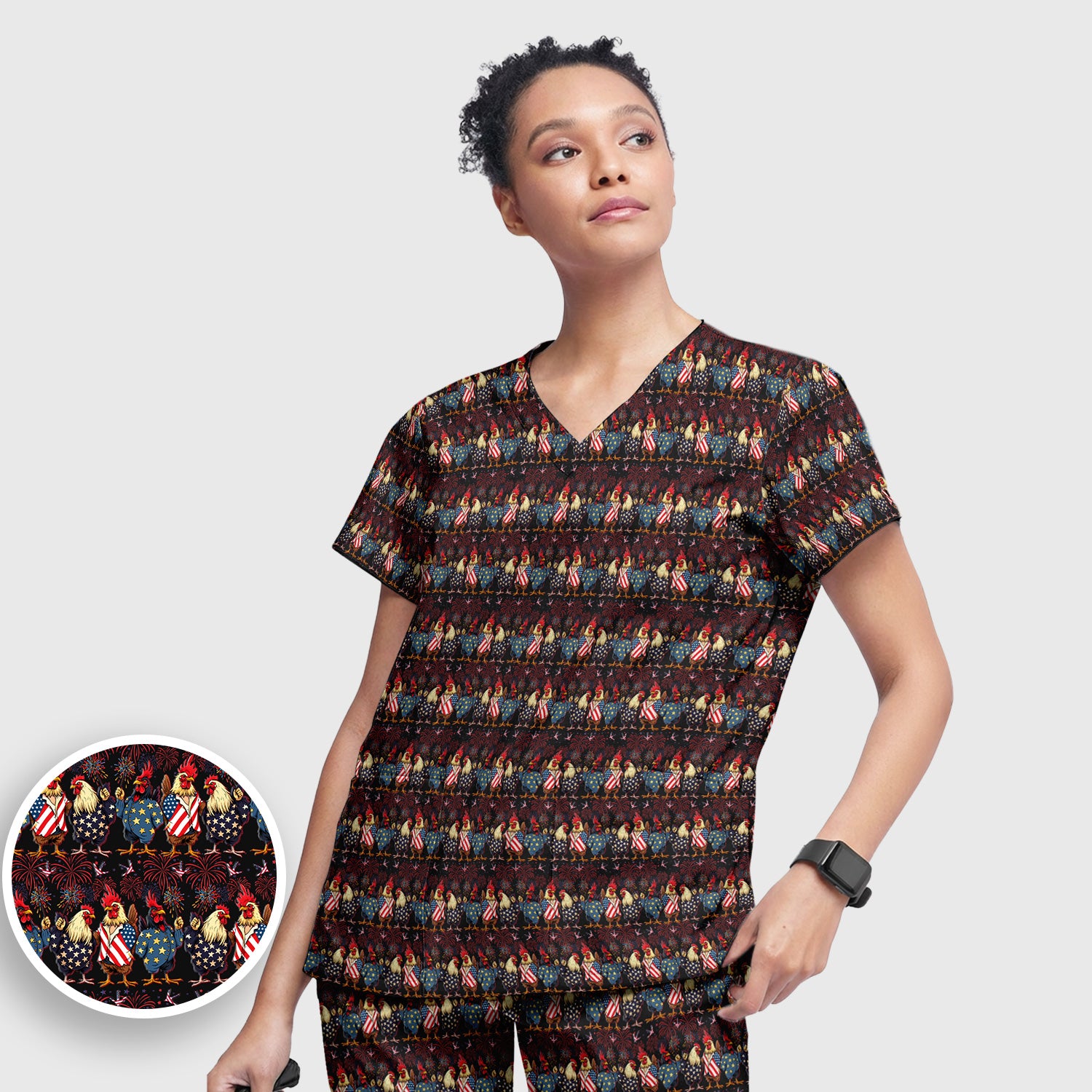 Patriotic Rooster Fireworks Pattern Scrub Set, Scrub Pants and V Neck Top
