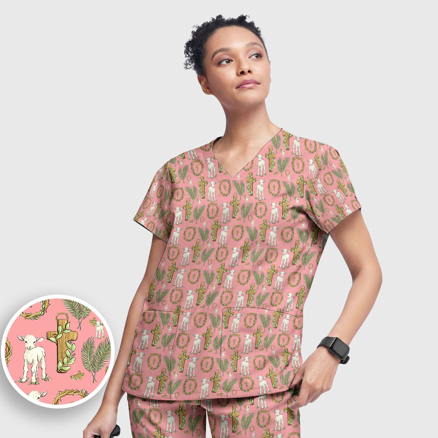 Faith Lamb Cross Pattern Women's Scrub Set, Scrub Pants and V Neck Top