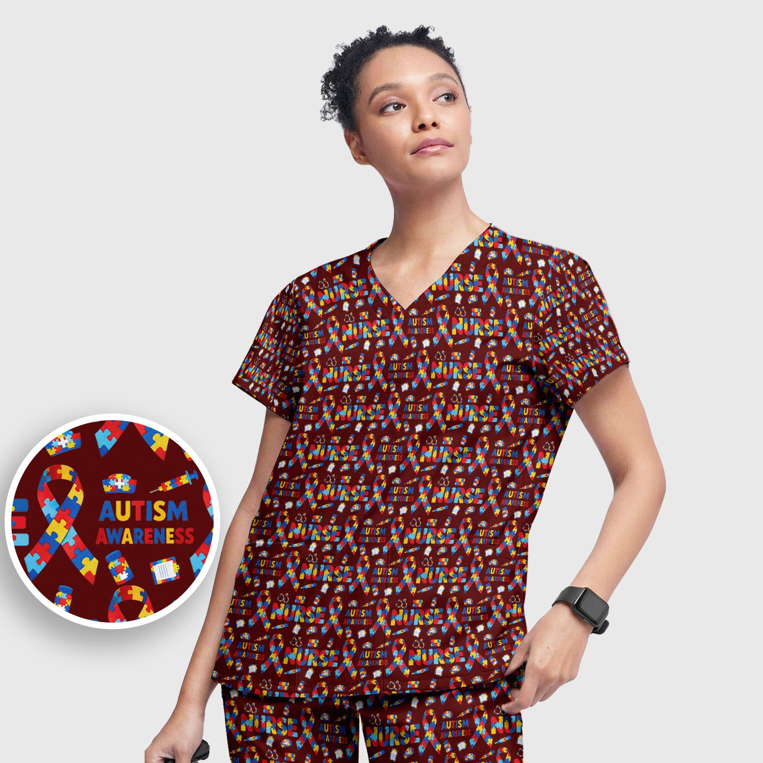 Autism Awareness Nurse Puzzle Ribbon Print Sets,  Breathable Med Uniform