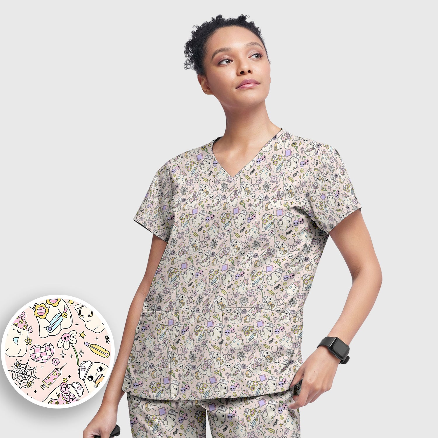 Cute Halloween Nurse Ghosts Pattern Scrub Set, Scrub Pants and V Neck Top