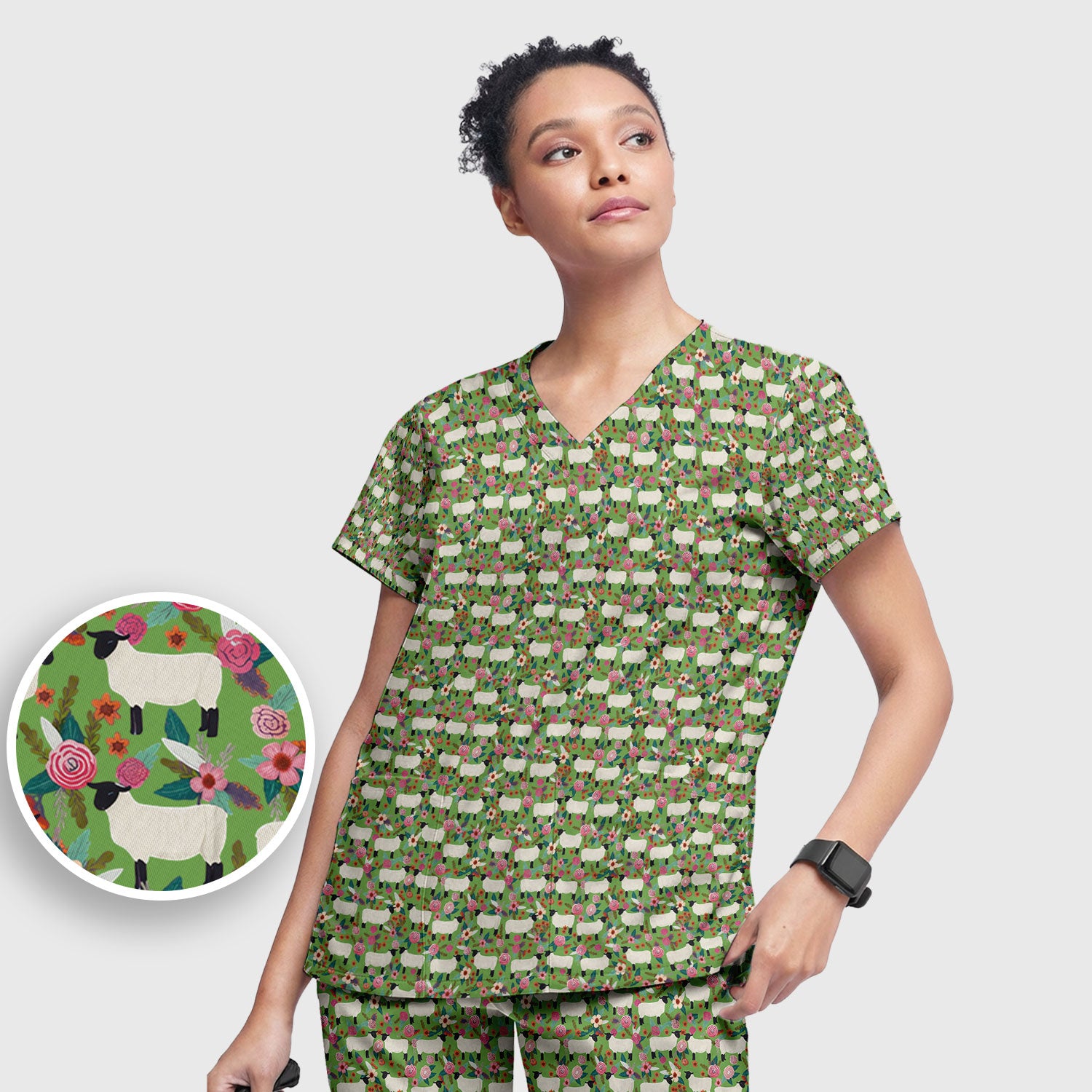 Cute Sheep Floral Meadow Pattern Scrub Set, Nurse Uniform Scrubs Set