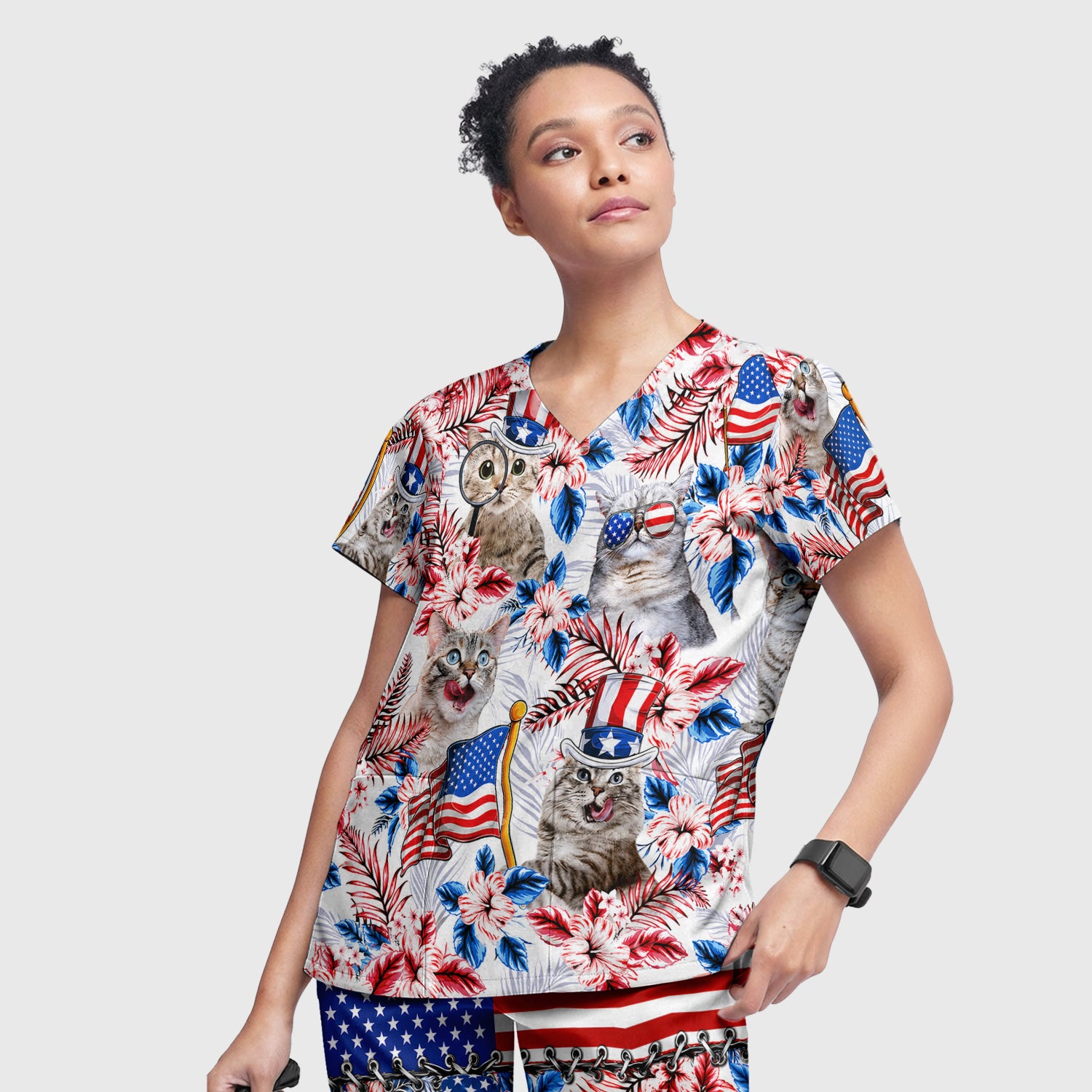 Patriotic Cat with USA Flag Scrub Set, Scrub Pants and V Neck Top