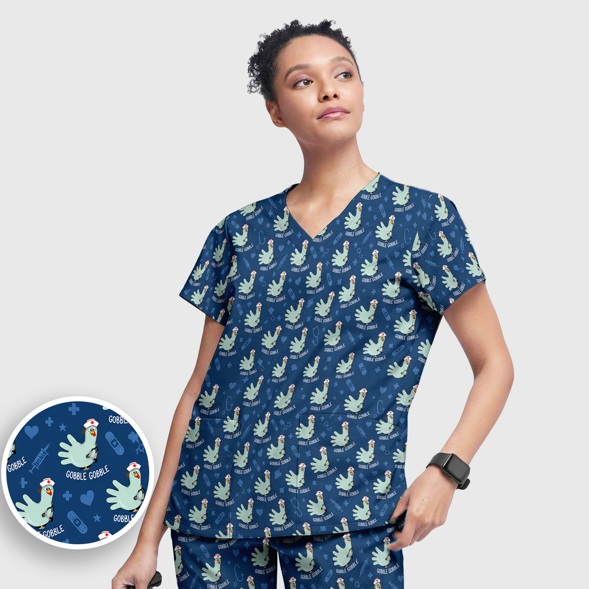Funny Gobble Gobble Nurse Turkey Scrub Set, Scrub Pants and V Neck Top