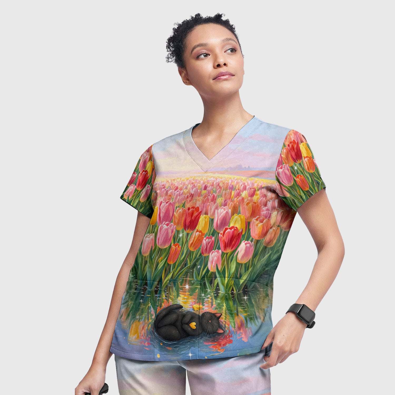 Sleeping Black Cat In Tulip Flower Field Scrub Set, Scrub Pants and V Neck Top