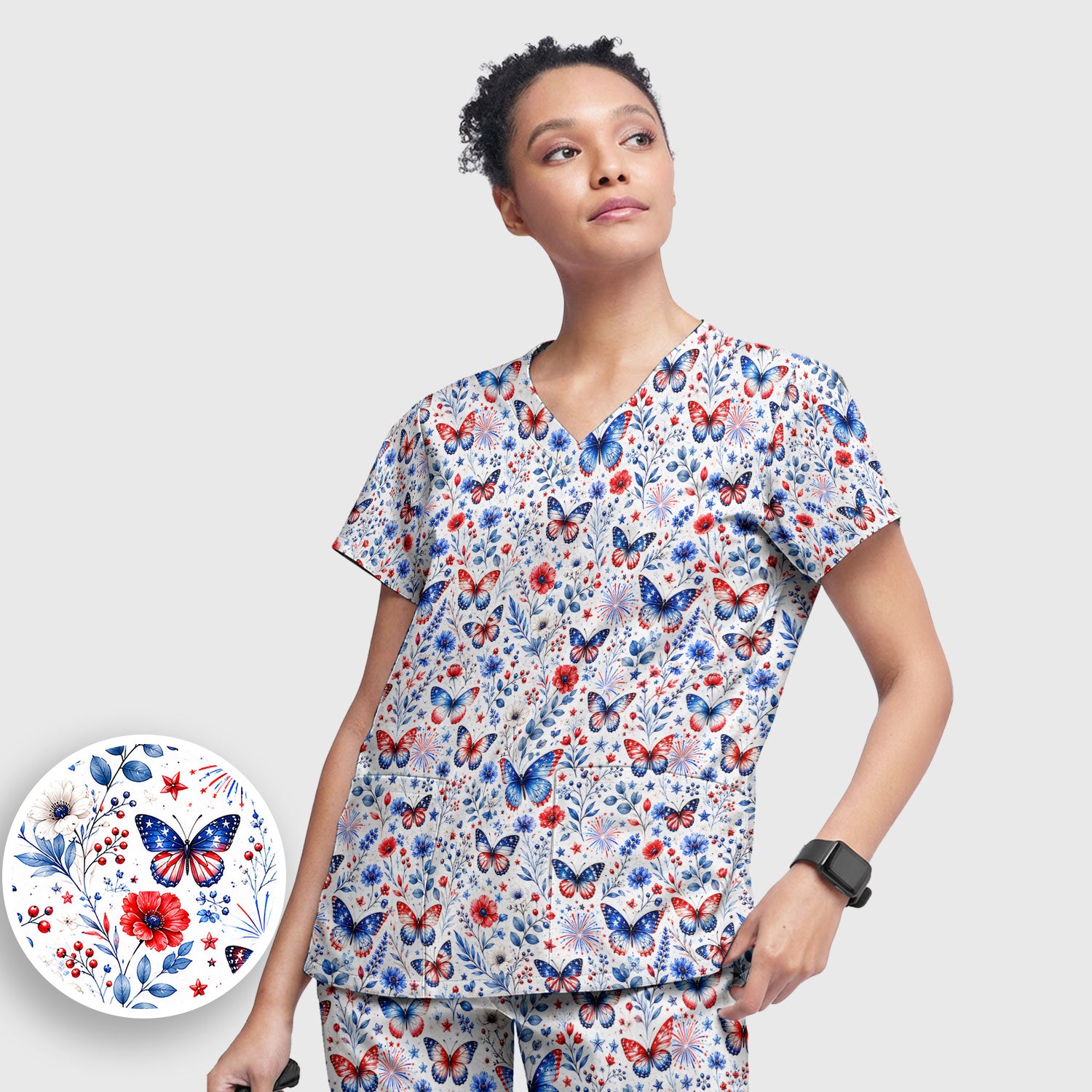Patriotic Butterfly Fireworks Floral Pattern Scrub Set, Scrub Pants and V Neck Top