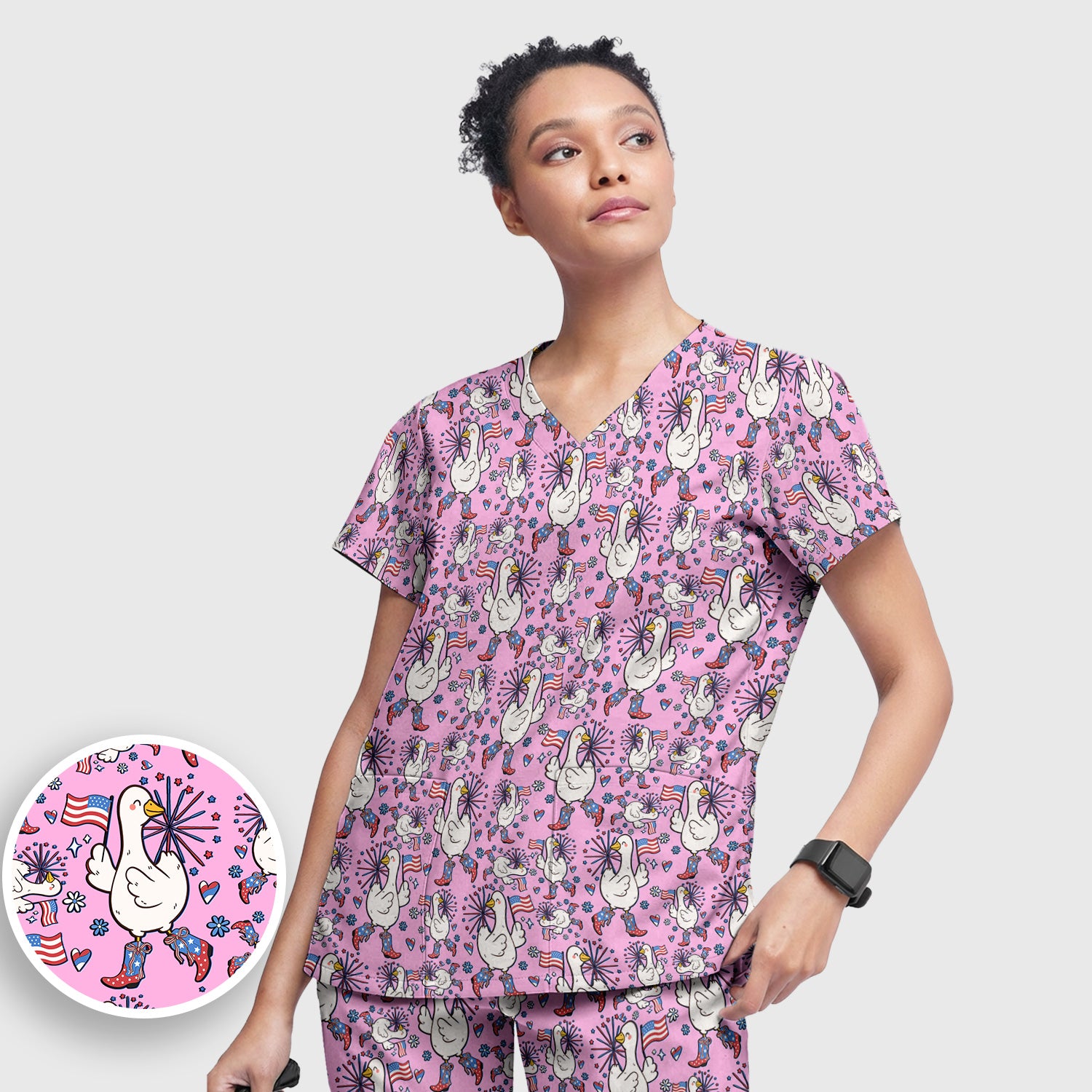 Patriotic Goose With USA Flag Fireworks Scrub Set, Breathable Fabrics Nursing Uniform