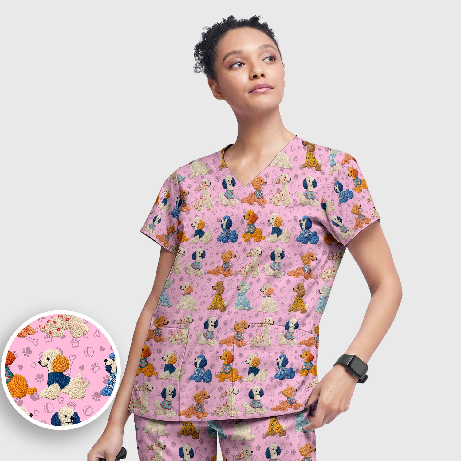 Cute Colorful Poodle Pattern Scrub Set, Scrub Pants and V Neck Top