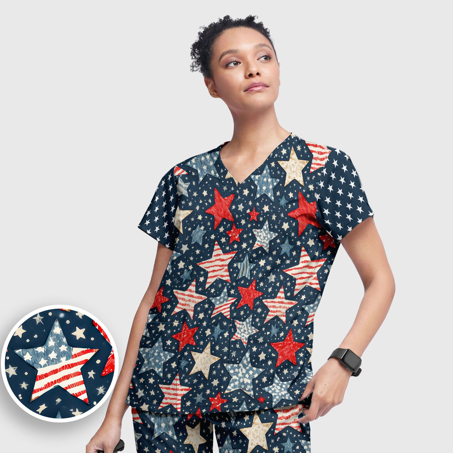 Patriotic Star Pattern Women's Scrub Set, Scrub Pants and V Neck Top