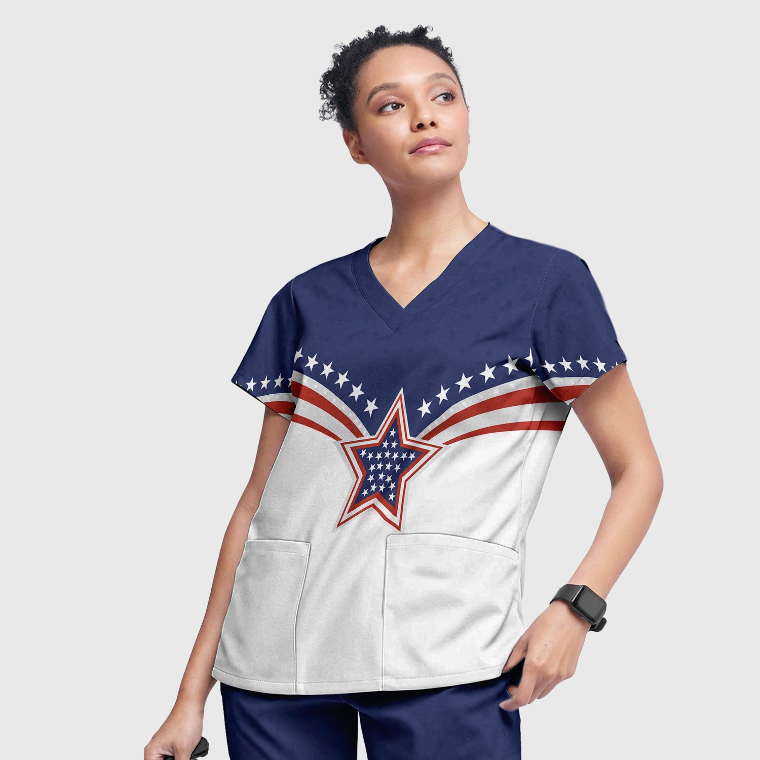 Patriotic American Flag Star Pattern Scrub Set, Scrub Pants and V Neck Top