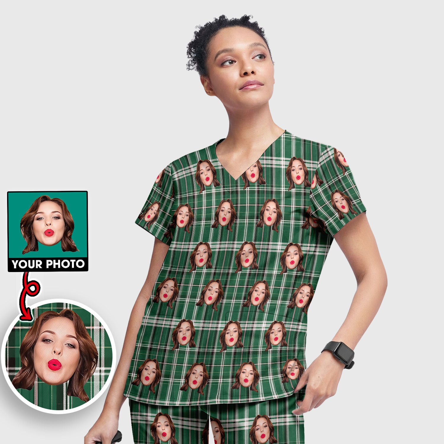 Personalized Funny Face Plaid Scrub Set, Custom Photo Pattern Medical Uniform For Nurses, Breathable Fabrics Nursing Uniform
