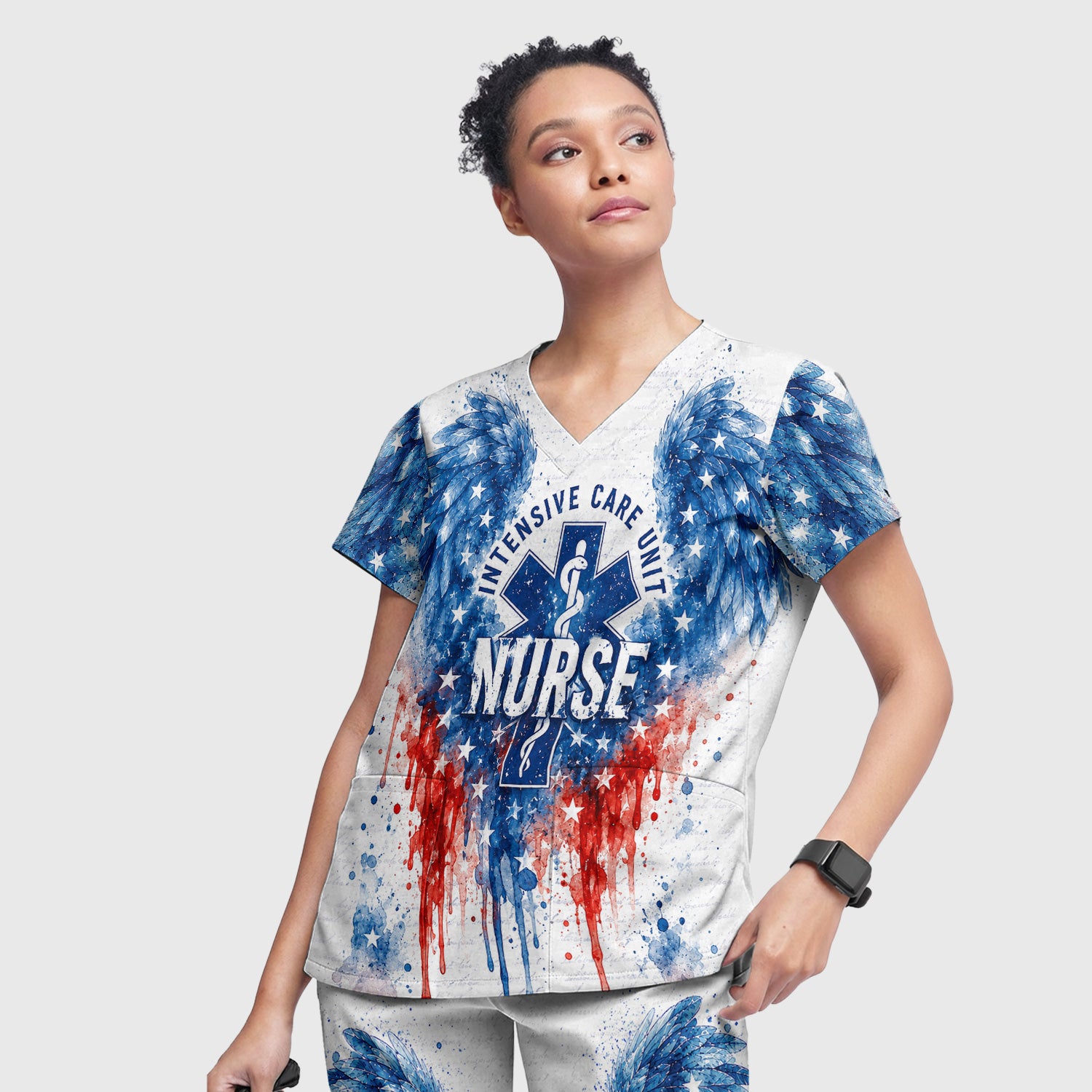 Patriotic Nurse Angel Wings Print Scrub Set, Scrub Pants and V Neck Top