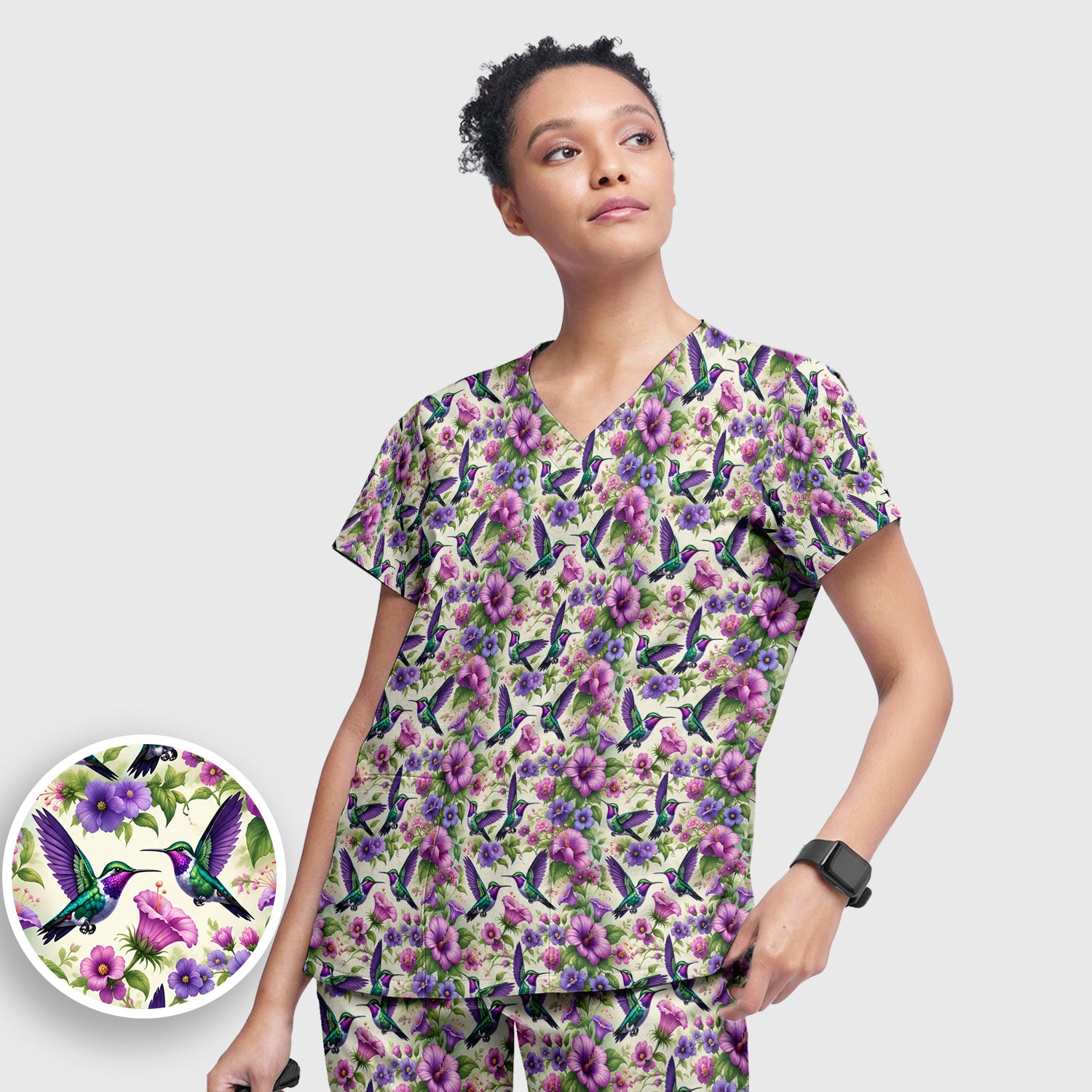 Purple Hummingbird Hibiscus Floral Pattern Scrub Set, Scrub Pants and V Neck Top