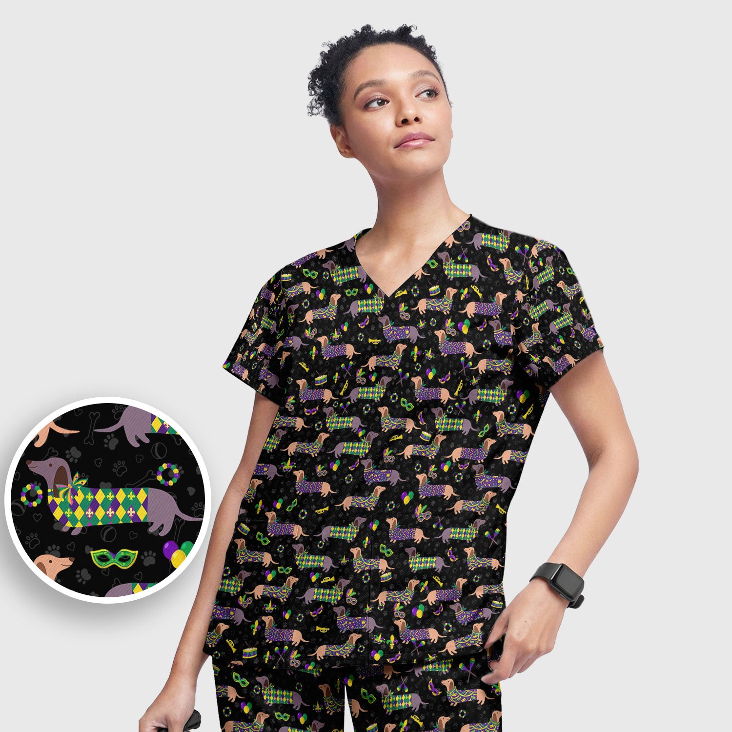 Mardi Gras Dachshund Nurse Scrub Set, Wiener Dog Holiday Pattern Nurses Shirt, Comfortable Uniform Scrubs For Nursing