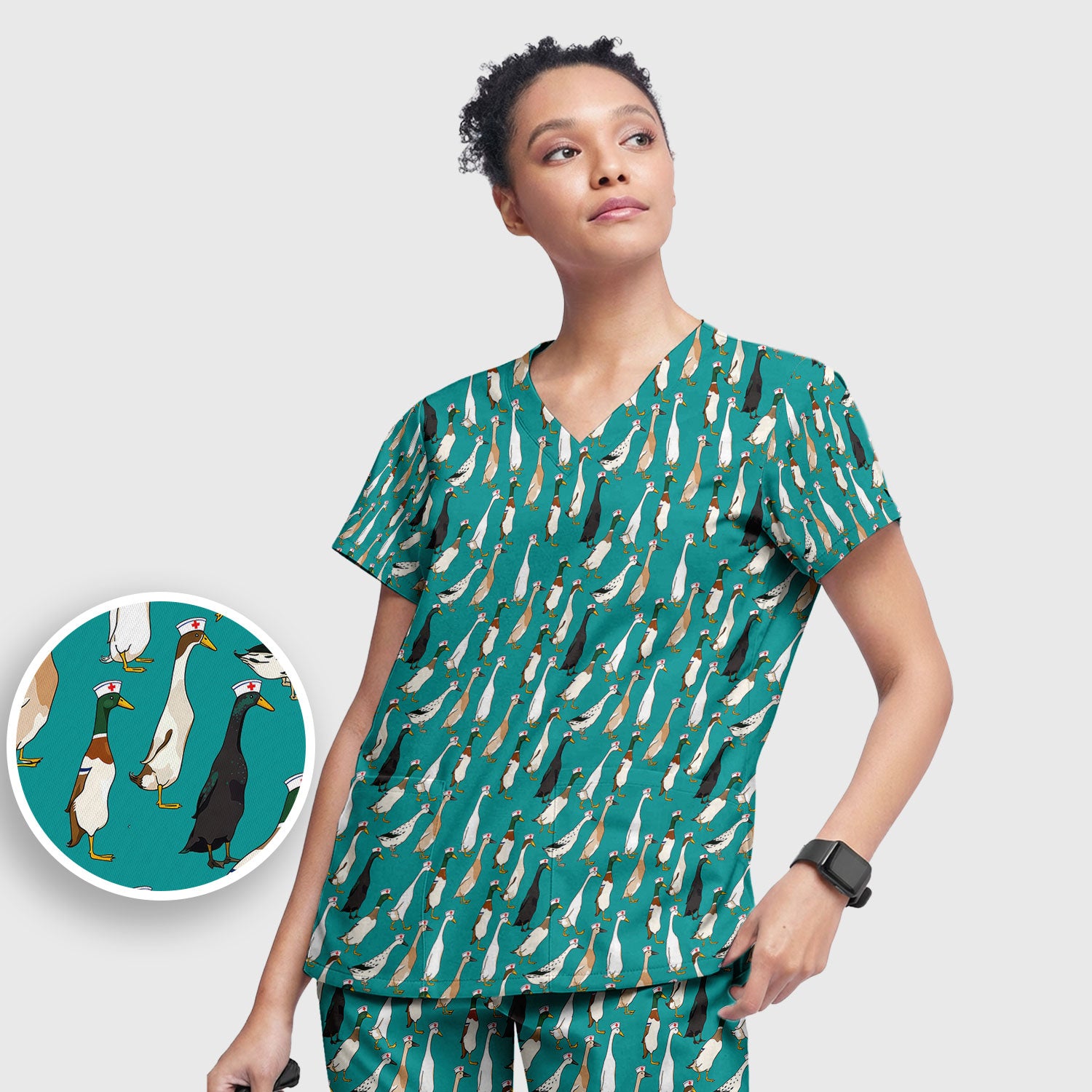 Funny Nurse Duck Pattern Scrub Set, Breathable Med Uniform