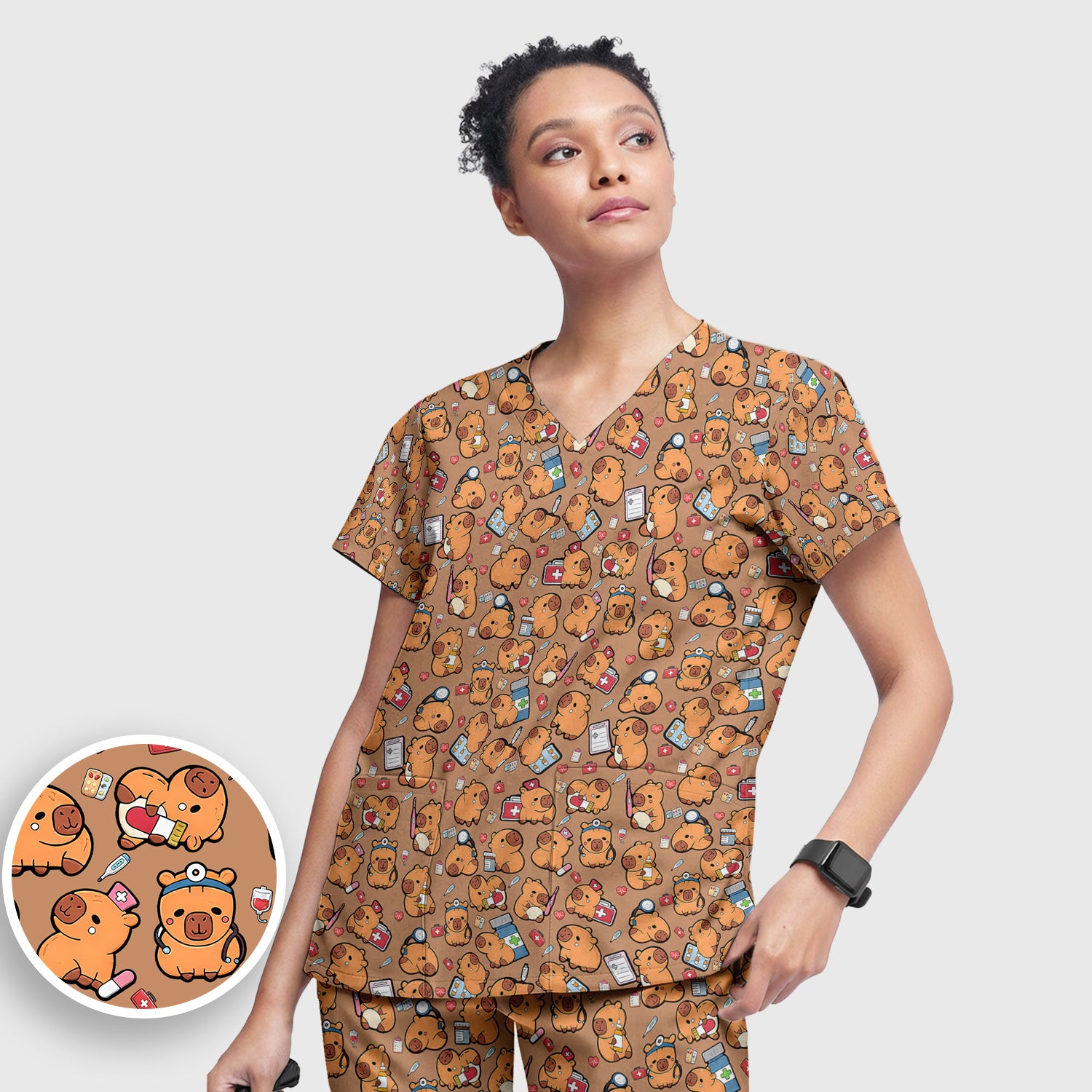 Capybara With Stethoscope And Medical Tools Seamless Scrub Set, Breathable Med Uniform