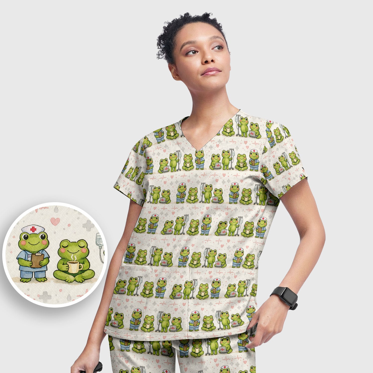 Adorable Frog Nurse Various Poses Print Scrub Set, Breathable Med Uniform