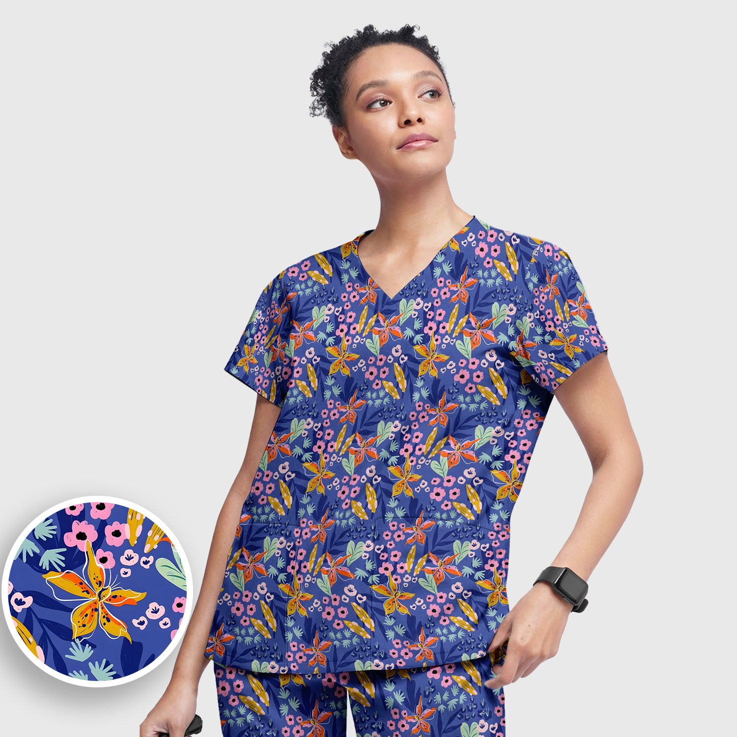 Nurse Blue Lily Floral Garden Pattern Scrub Set, Scrub Pants and V Neck Top
