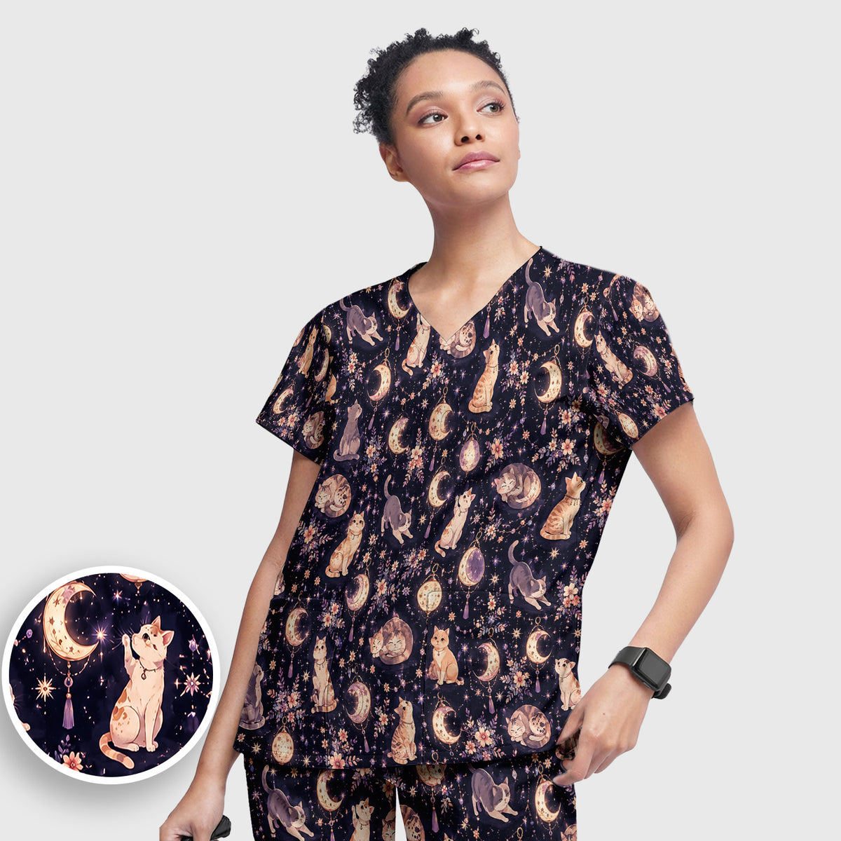 Celestial Cat Pattern Scrub Set, Scrub Pants and V Neck Top