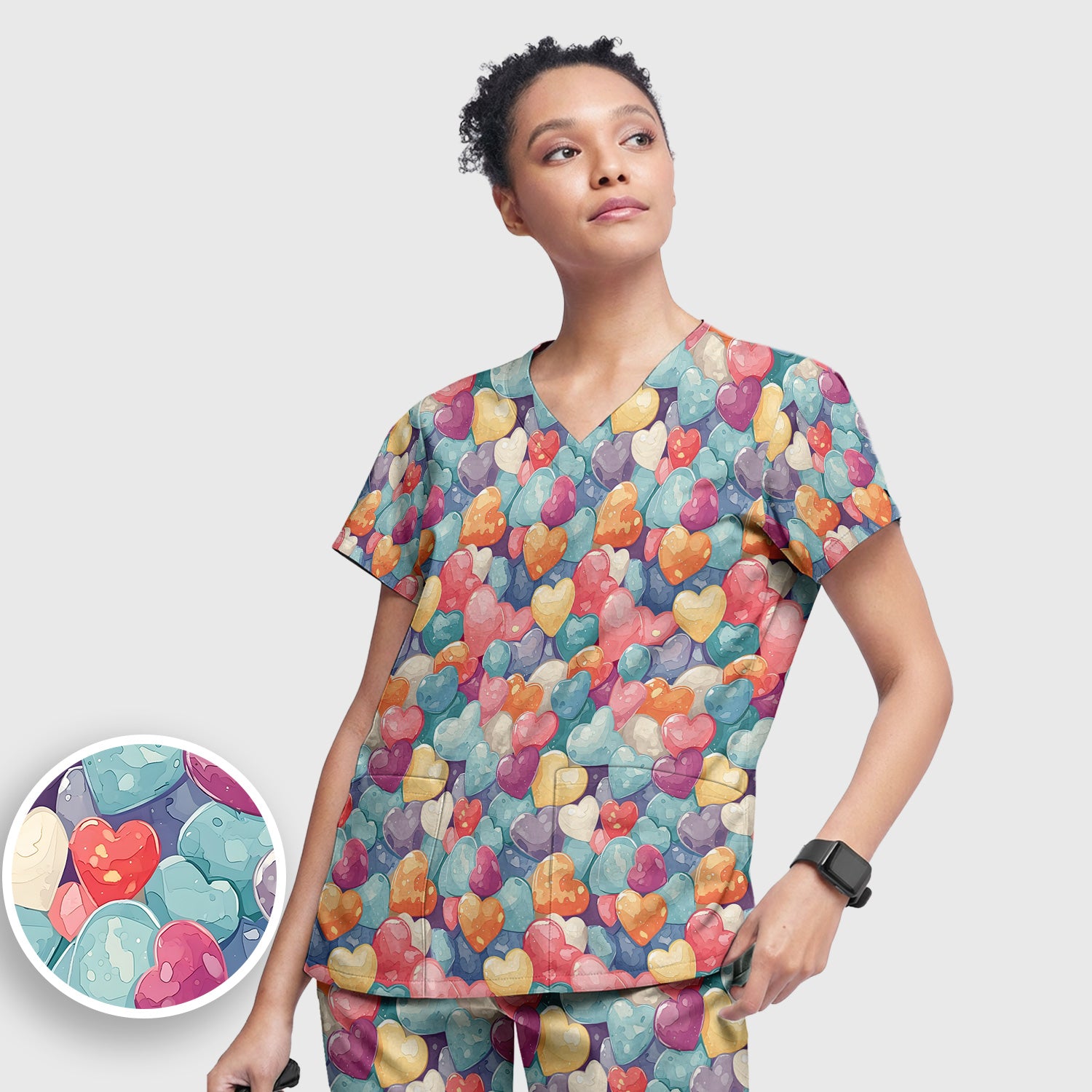 Sweet Valentine Heart Pediatric Pattern Scrub Set, Scrub Pants and V Neck Top