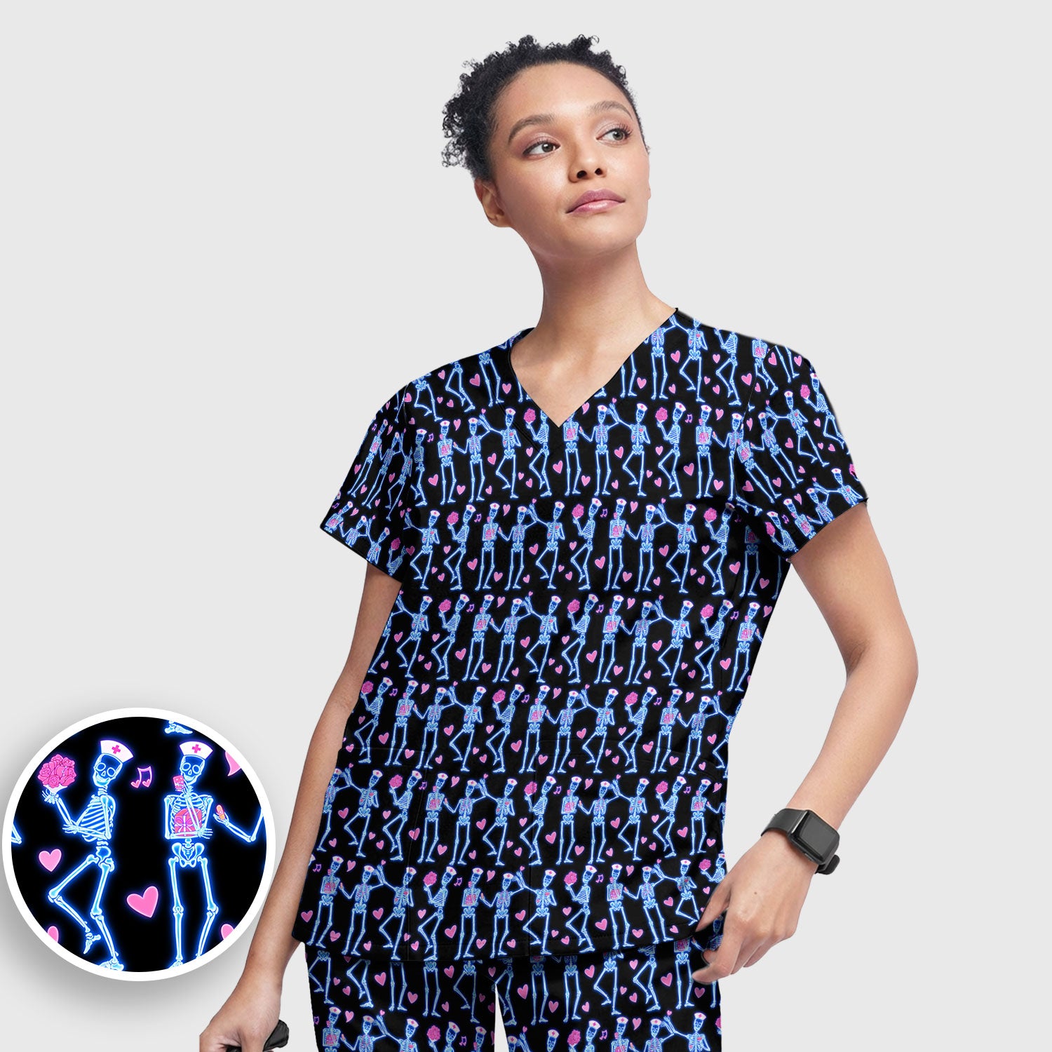Skeleton Nurse Heart Pattern Scrub Sets, Playful Nurse Style, Scrub Pants and V Neck Top