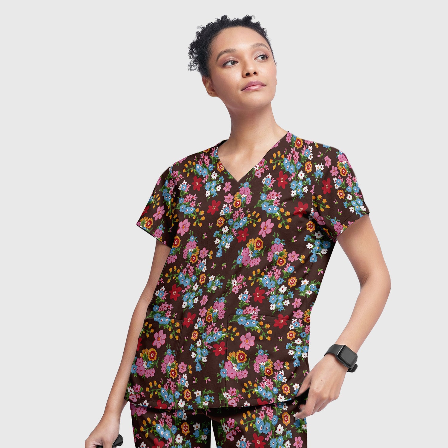 Charming Vintage Floral Bouquet Pattern Scrub Set, Nurse Uniform Scrubs Set