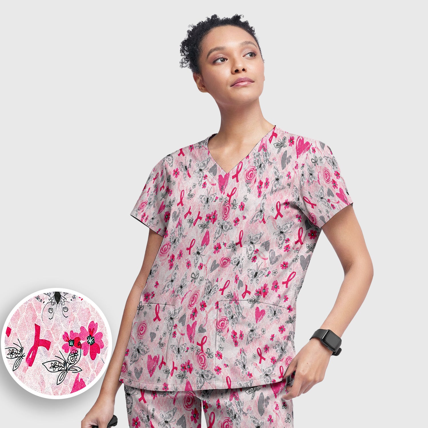 Breast Cancer Awareness Butterfly Floral Scrub Set, Scrub Pants and V Neck Top