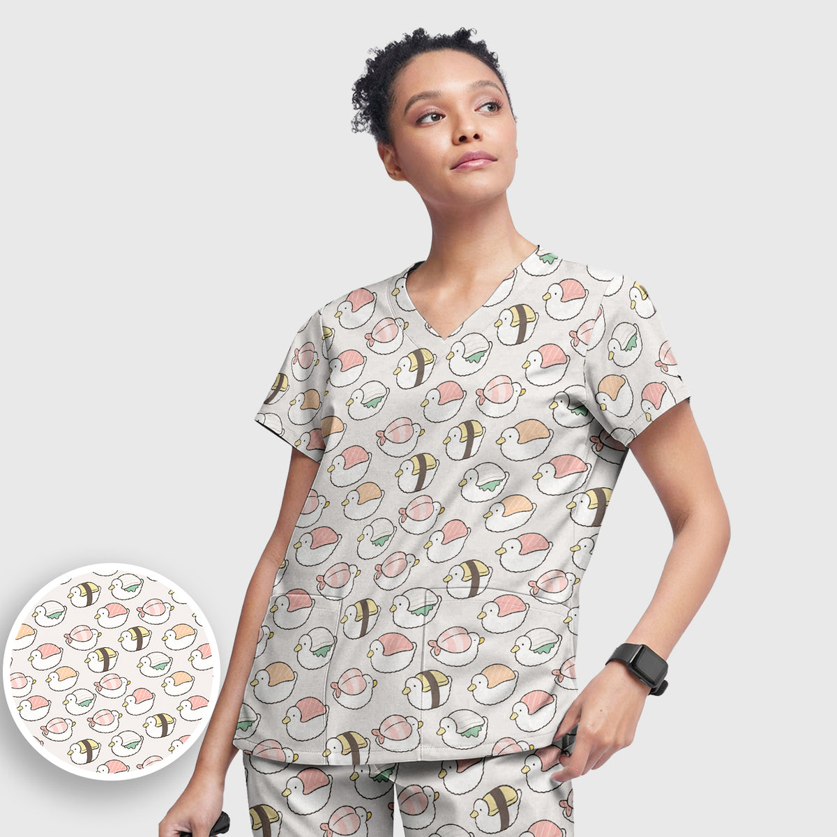 Cute Nigiri Sushi Ducks Pattern Scrub Set, Scrub Pants and V Neck Top