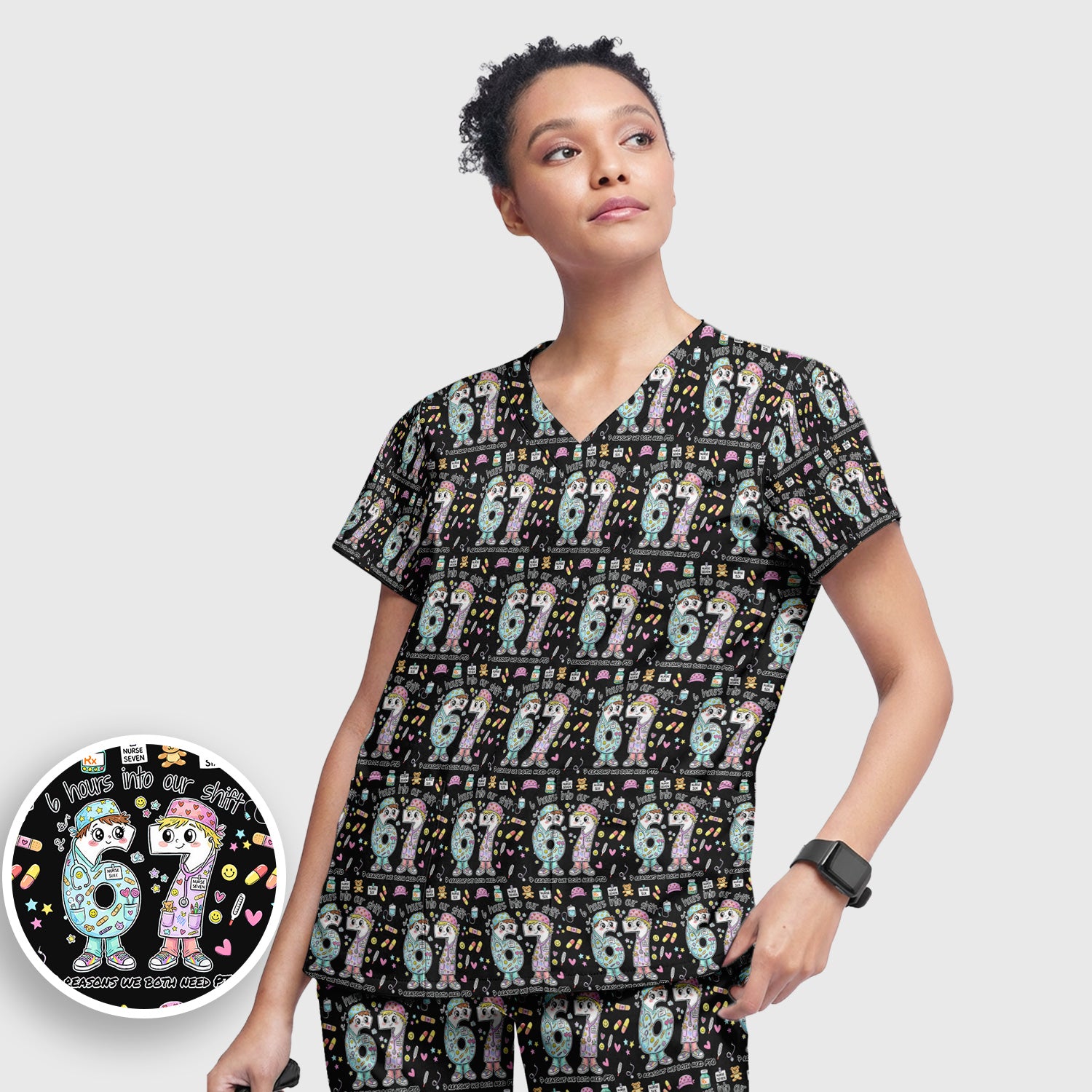 Cartoon Characters Six Hours Into Shift With Medical Doodle Scrub Set, Breathable Med Uniform