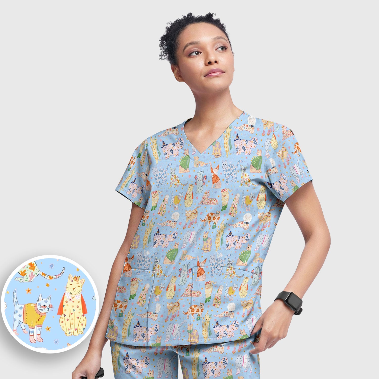 Colorful Pastel Cartoon Cats Print Scrub Set, Breathable Med Uniform