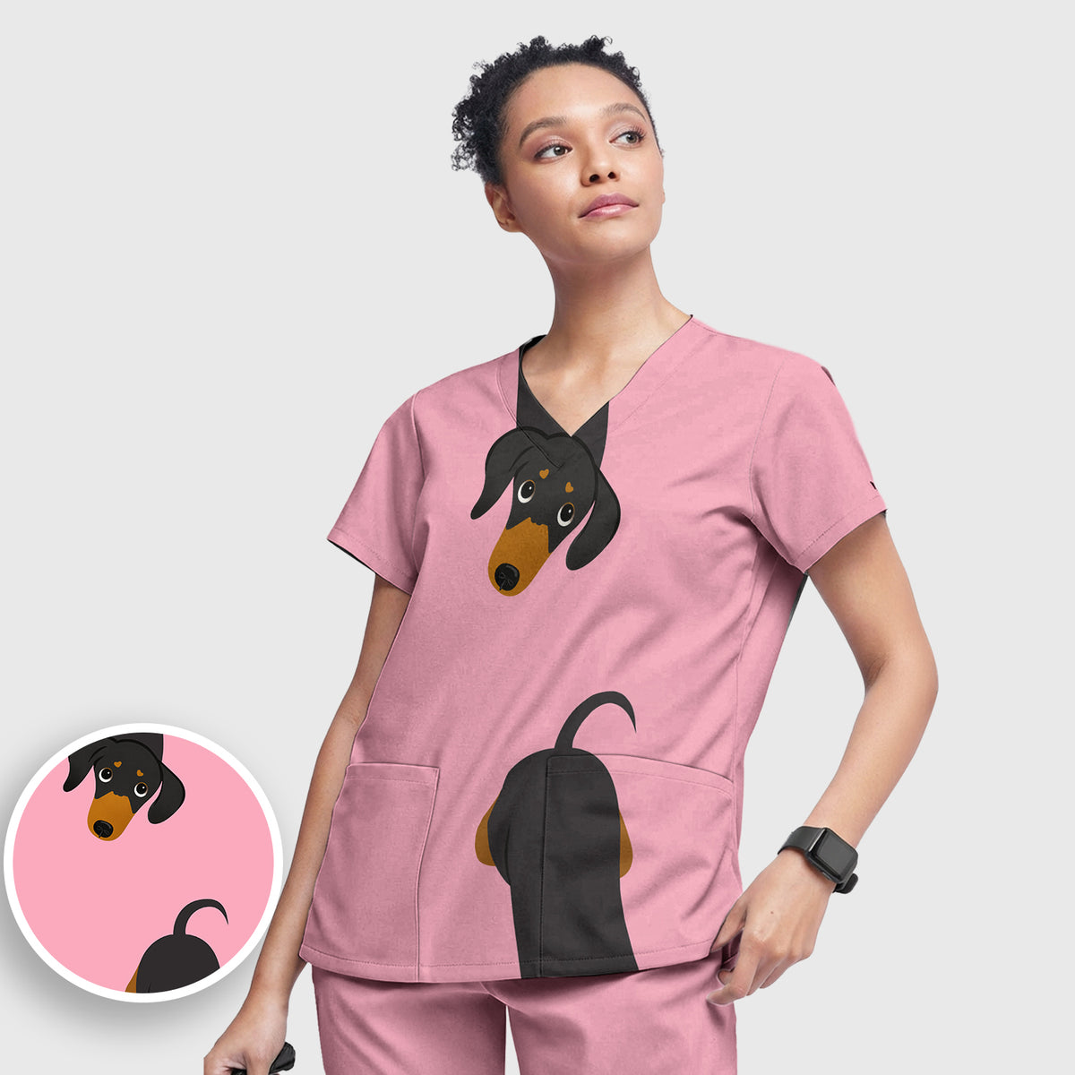 Cute Peekaboo Dachshund Dog Scrub Set, Scrub Pants and V Neck Top