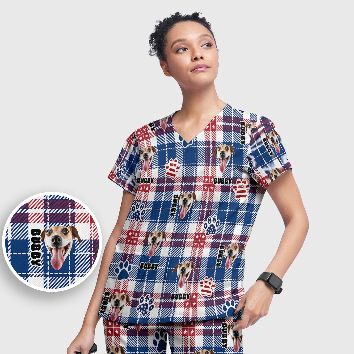 Custom Dog Face Scrub Set, Patriotic Dog Plaid Pattern Shirt, Scrub Pants and V Neck Top