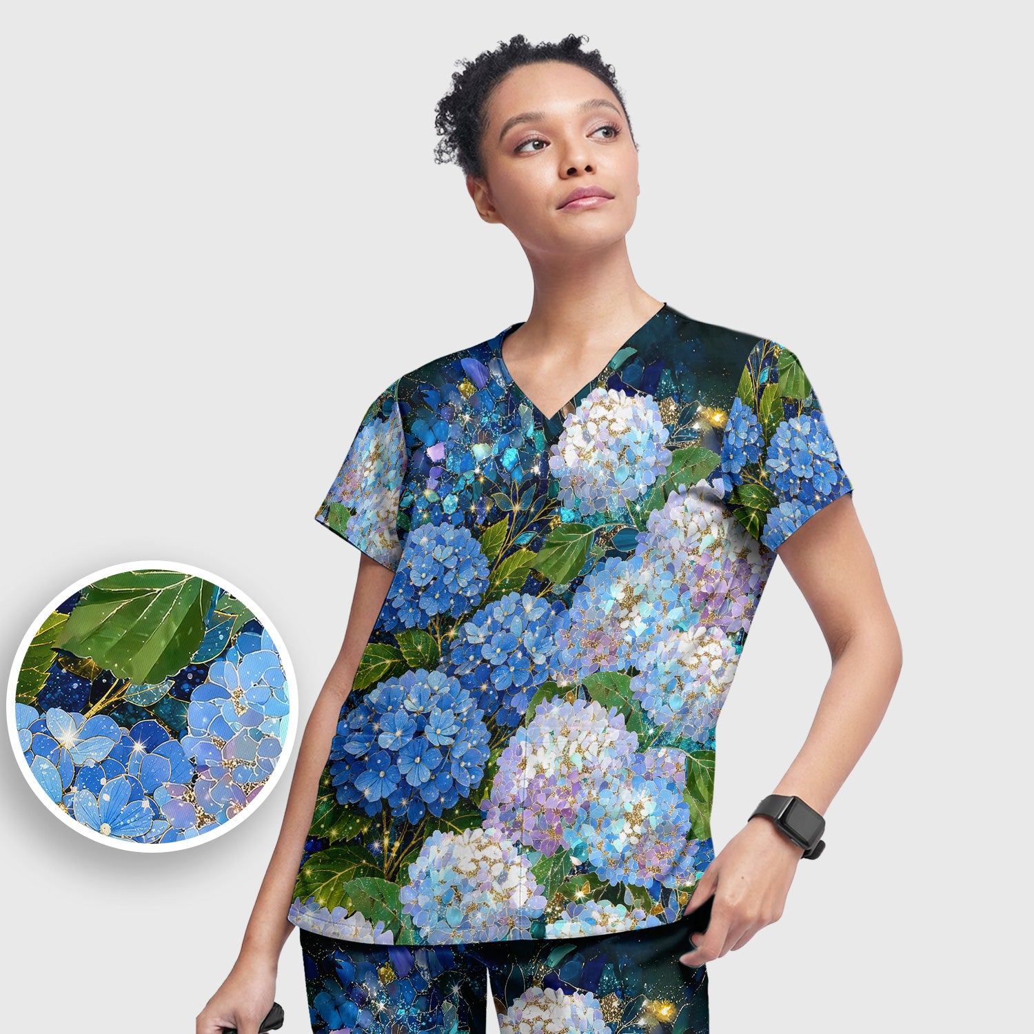 Blue Hydrangea Floral Pattern Scrub Set, Scrub Pants and V Neck Top