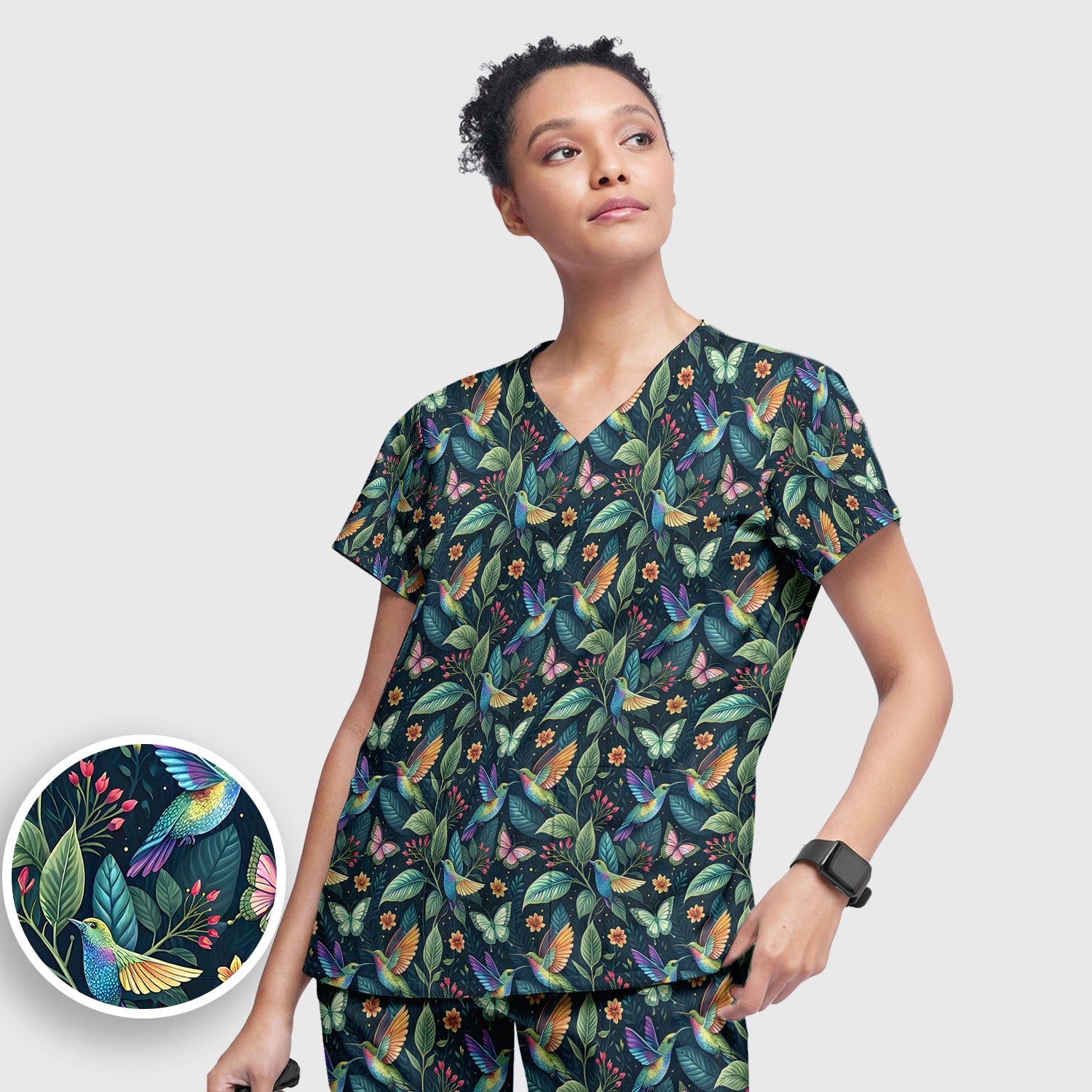 Vibrant Hummingbird Garden Nurse for RN, CNA, Botanical Medical Scrub Set, Scrub Pants and V Neck Top