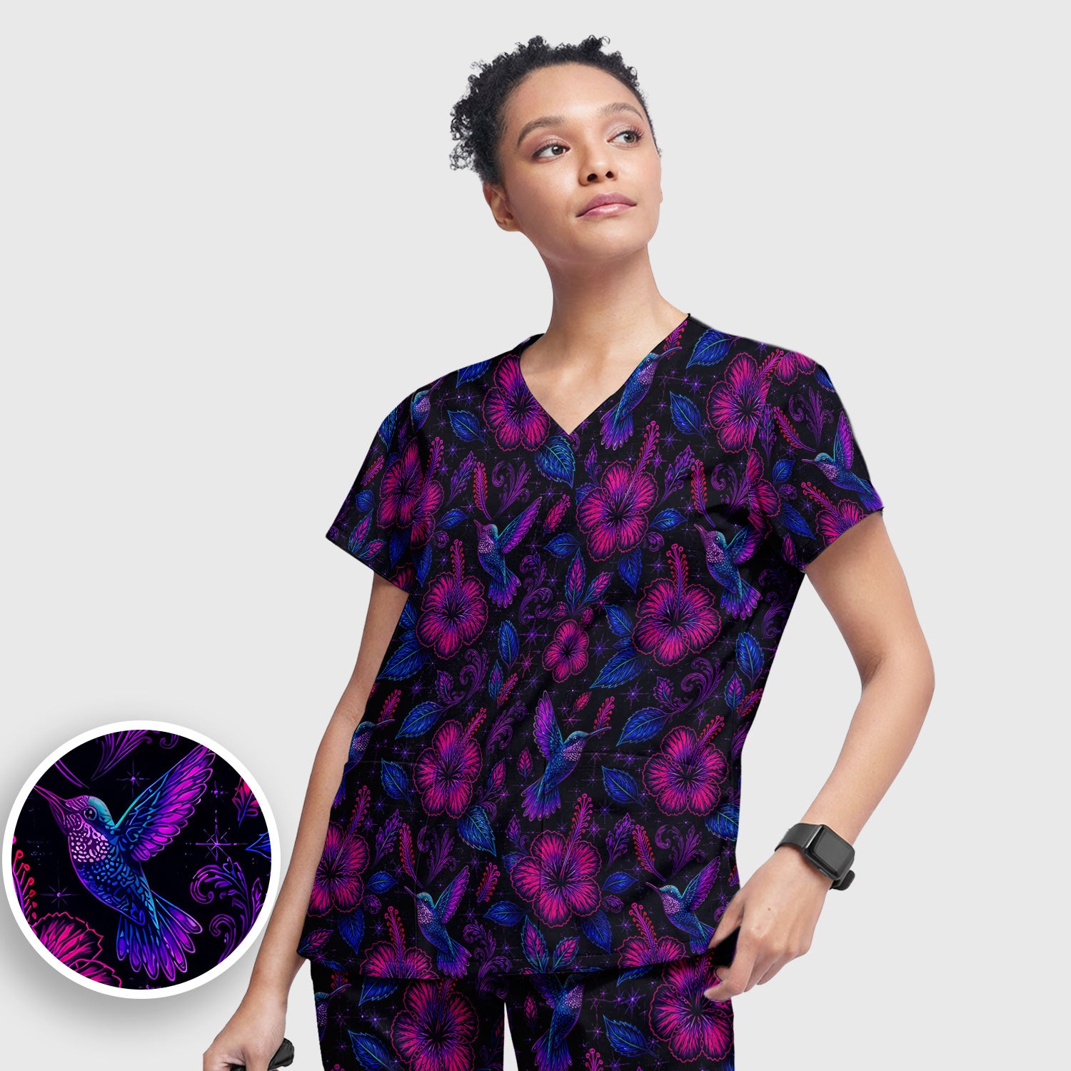 Tropical Hummingbird Hibiscus Floral Pattern Scrub Set, Scrub Pants and V Neck Top