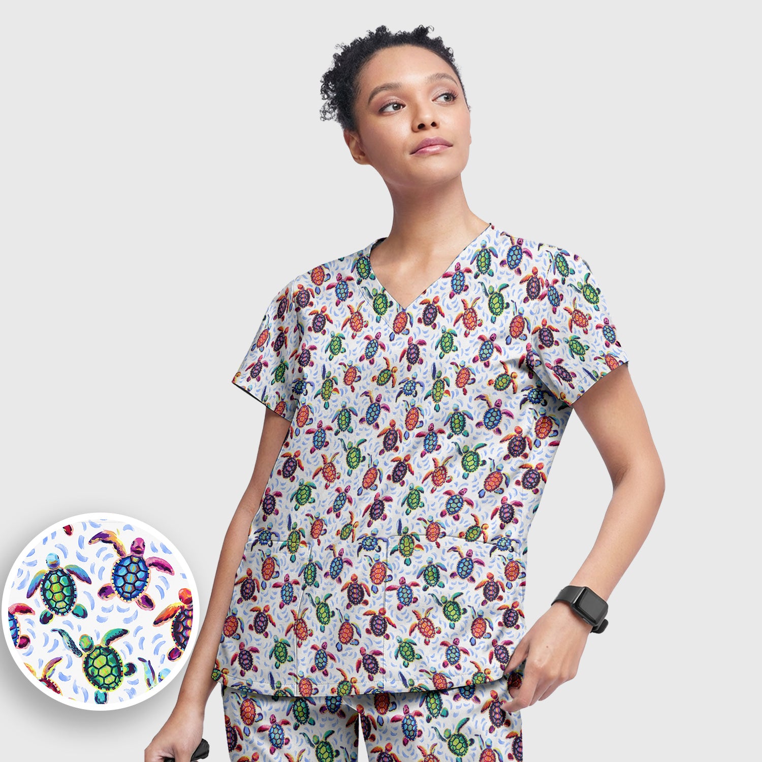 Colorful Sea Turtle Wave Pattern Scrub Set, Scrub Pants and V Neck Top