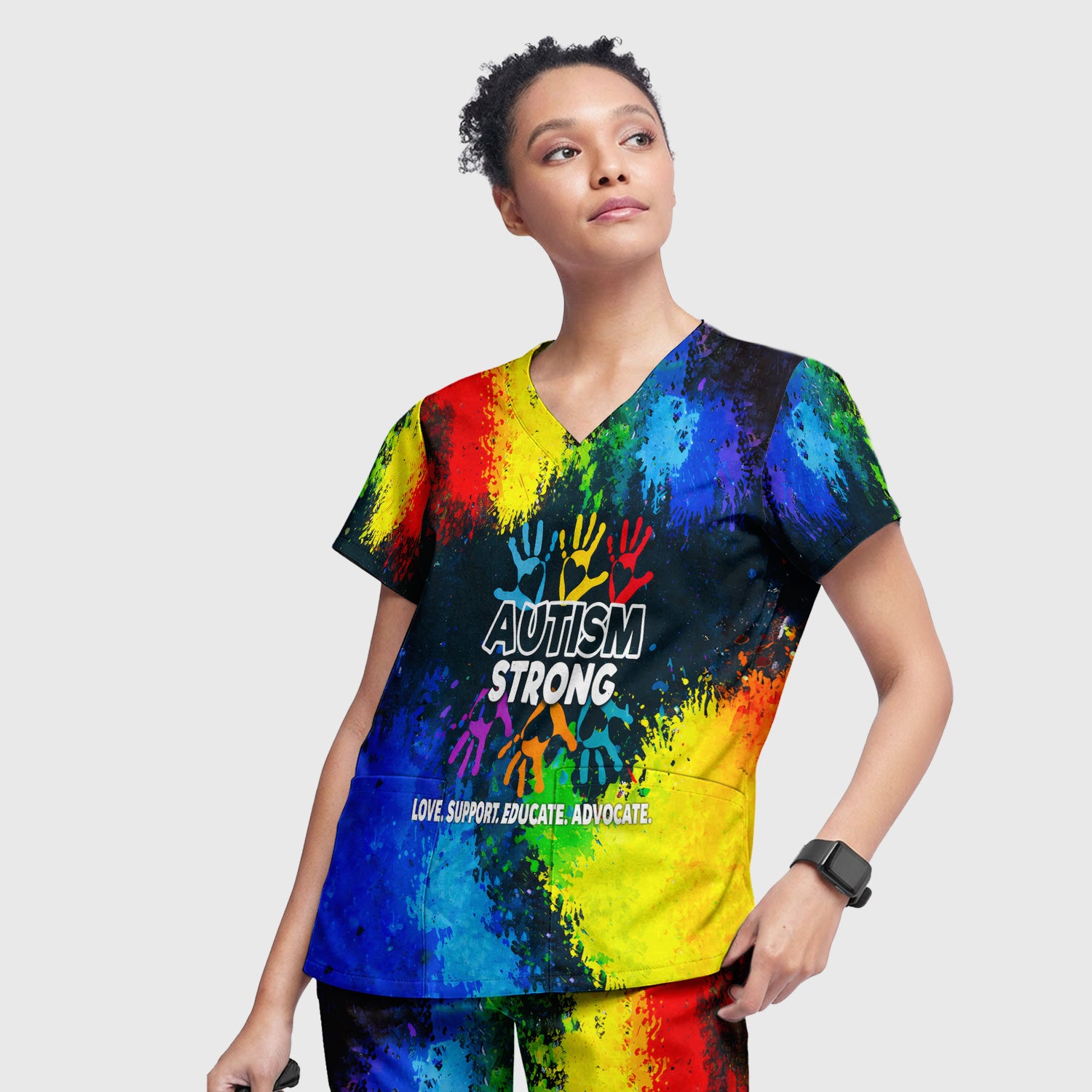 Autism Strong Colorful Handprint Scrub Set, Breathable Med Uniform