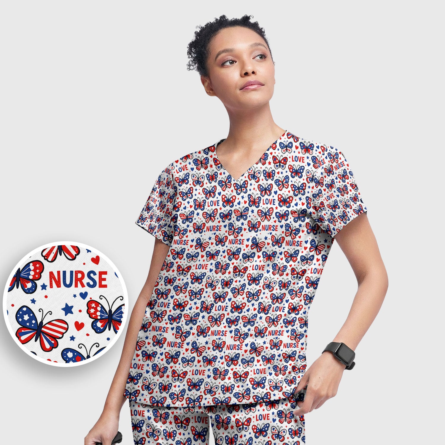 USA Patriotic Butterfly Nurse Scrub Set, Comfortable Uniform Scrubs For Nursing