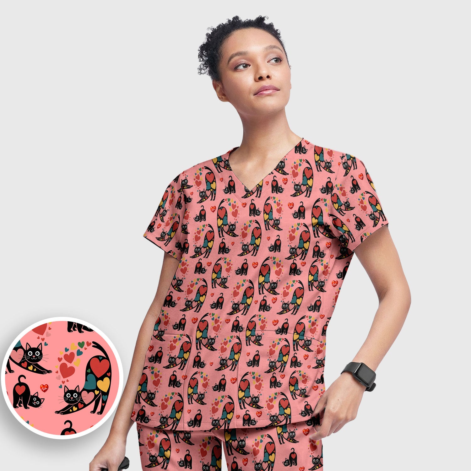Playful Cat Valentine Heart Print Medical Scrub Set, Breathable Med Uniform