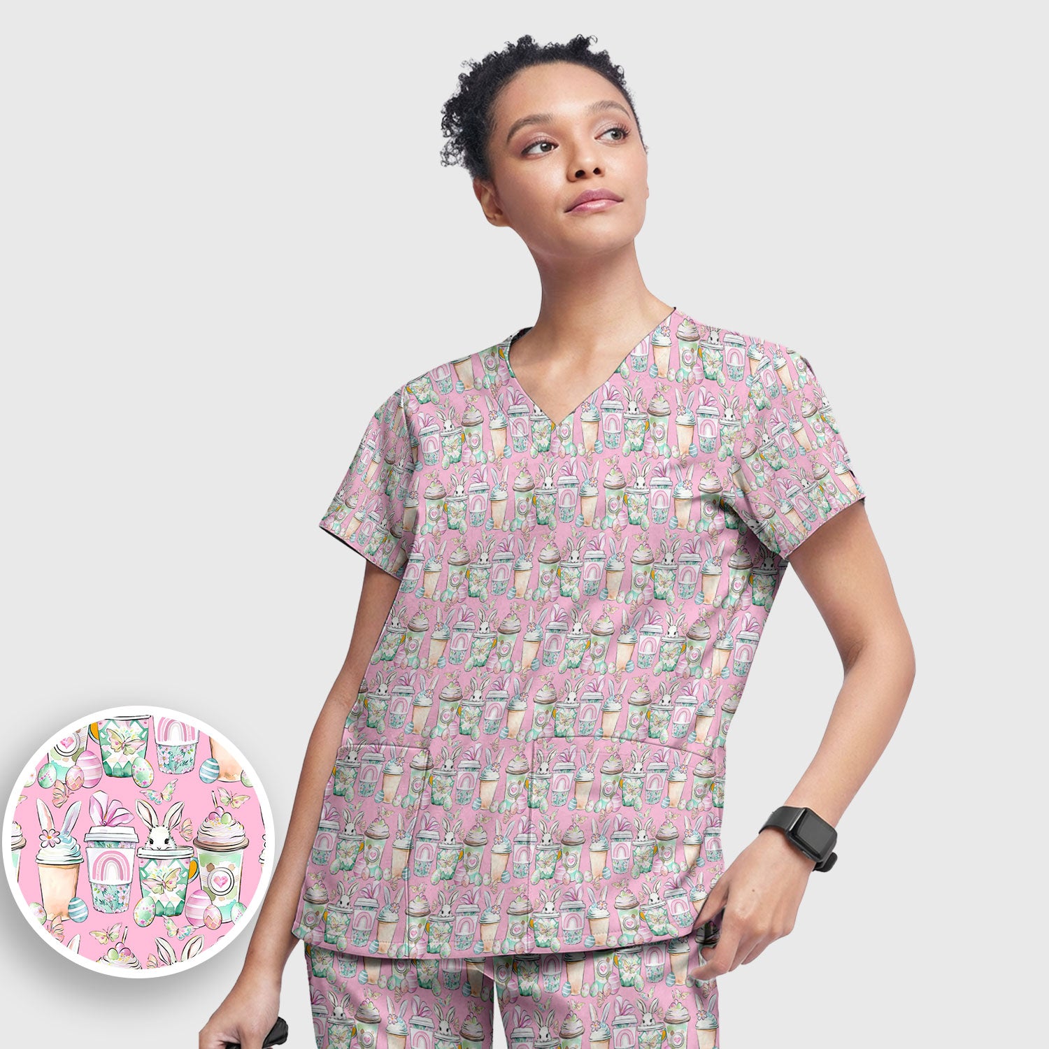 Cute Easter Bunny Coffee Cup Pattern Scrub Sets, Scrub Pants and V Neck Top