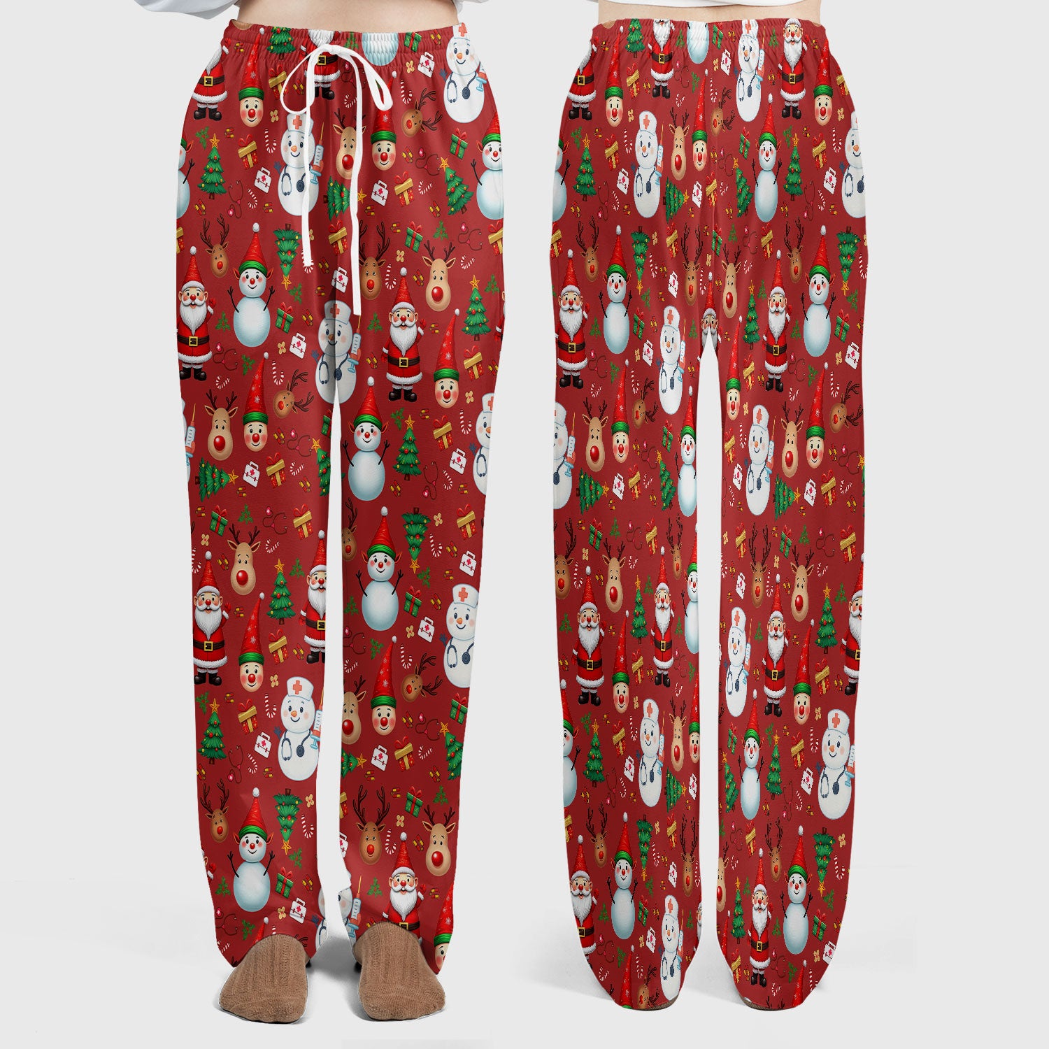 Christmas Nurse Scrub Set - Cute Snowman Santa Reindeer Pattern Medical Uniform - Festive Holiday Scrubs Pants and V Neck Top
