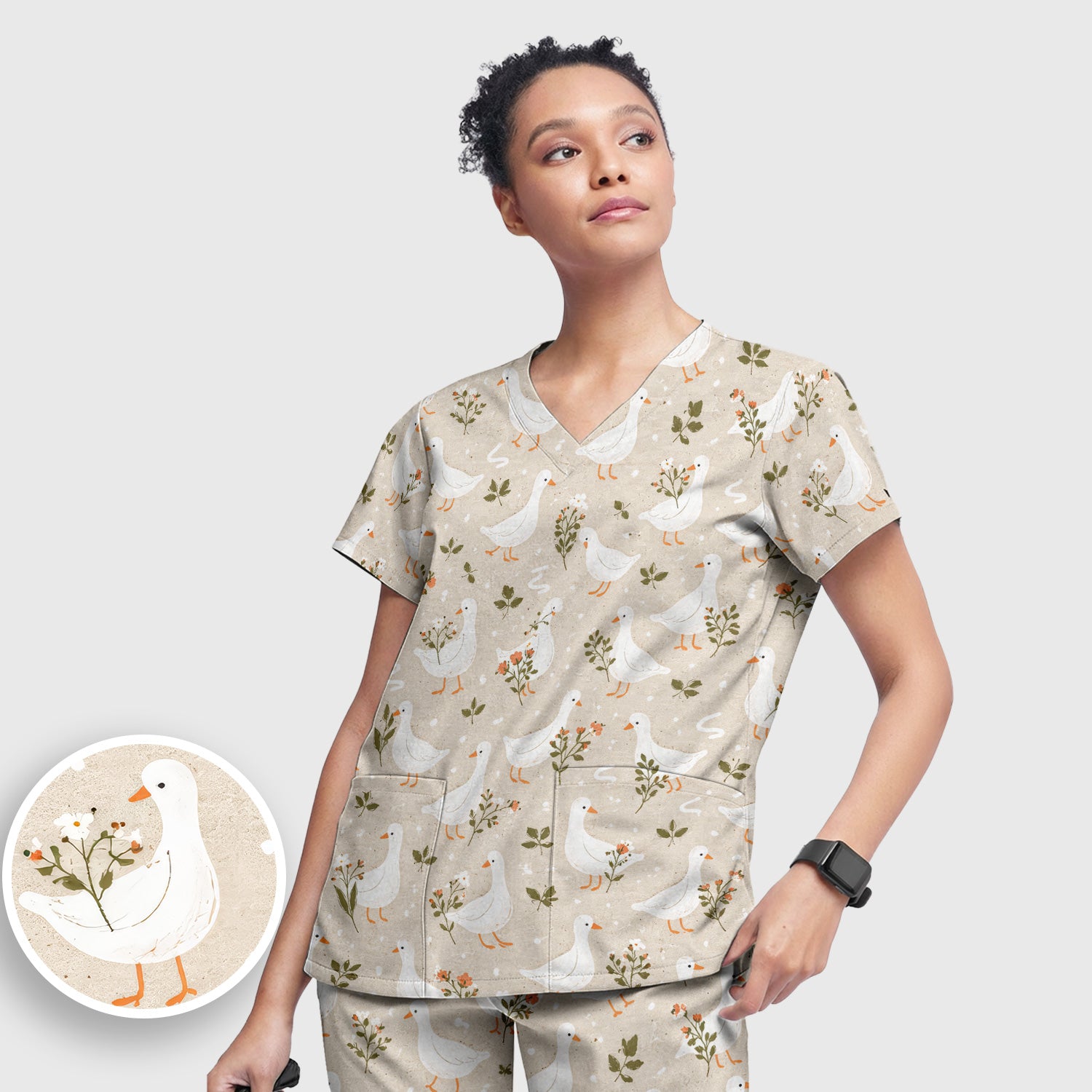 White Goose Floral Meadow Pattern Scrub Set, Scrub Pants and V Neck Top