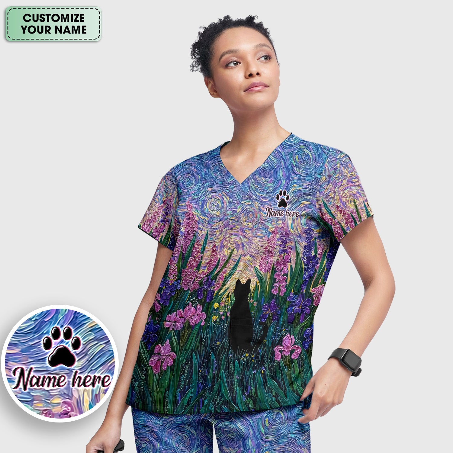 Cat Under Starry Sky Pattern Scrub Top, Comfortable Scrubs for Nurses