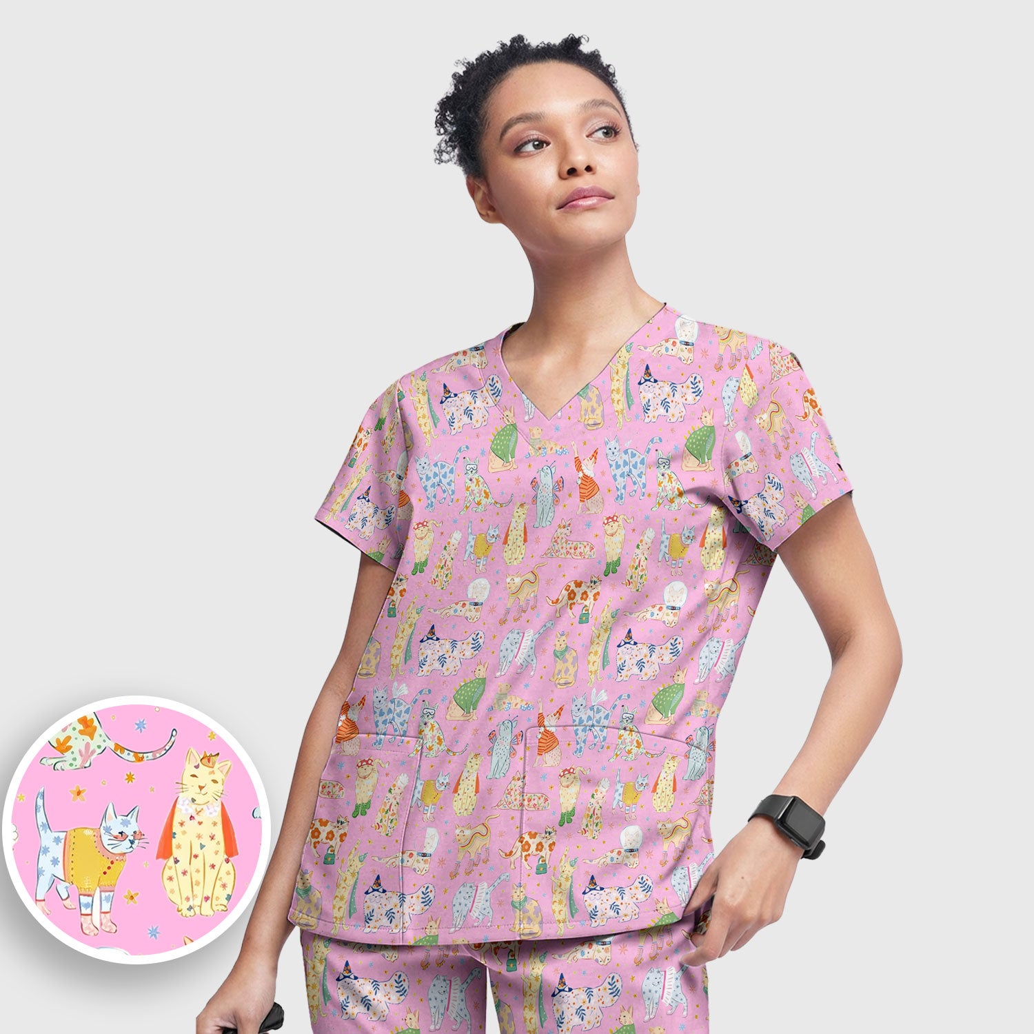 Colorful Pastel Cartoon Cats Print Scrub Set, Breathable Med Uniform