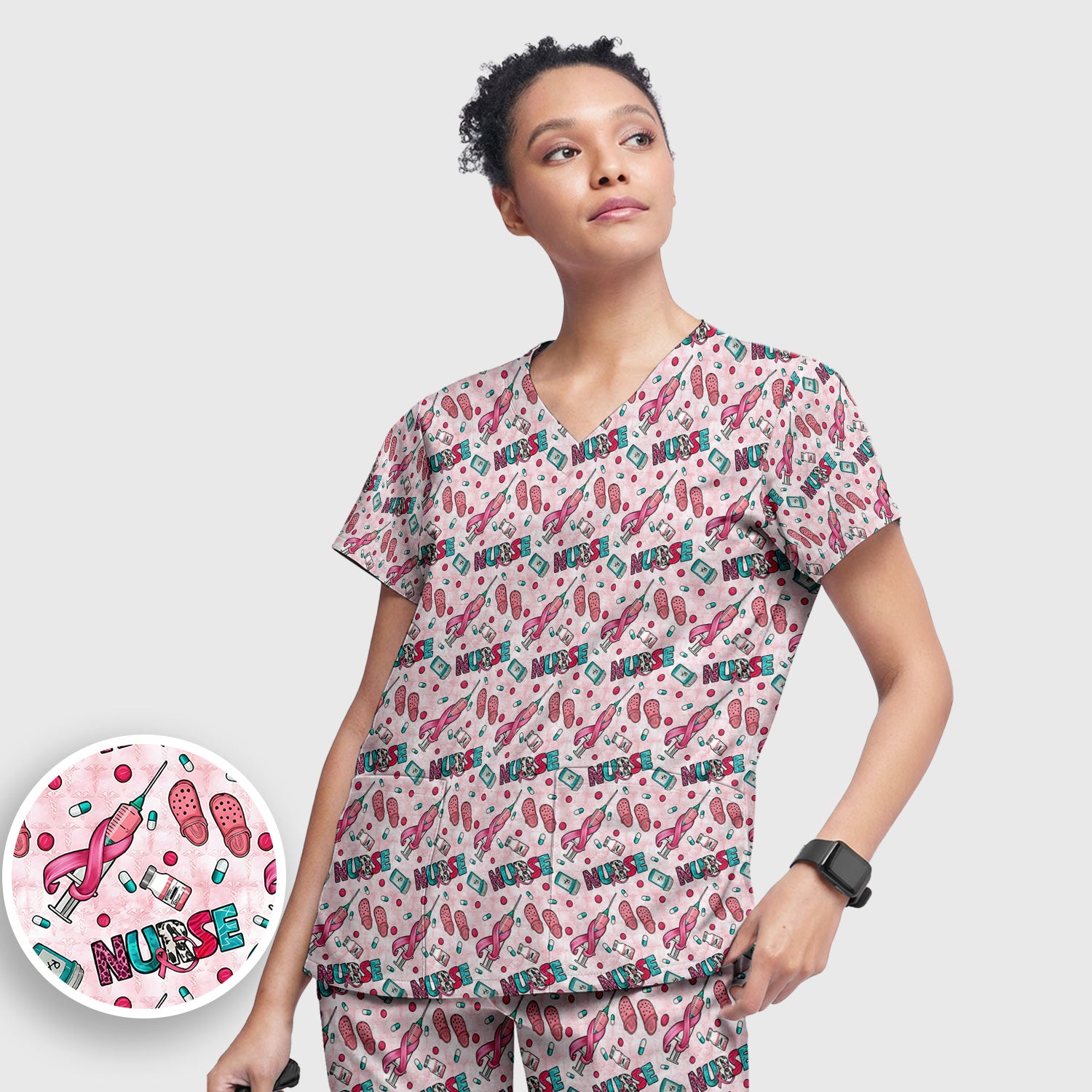 Pink Ribbon with Recovery Print Scrub Set, Scrub Pants and V Neck Top