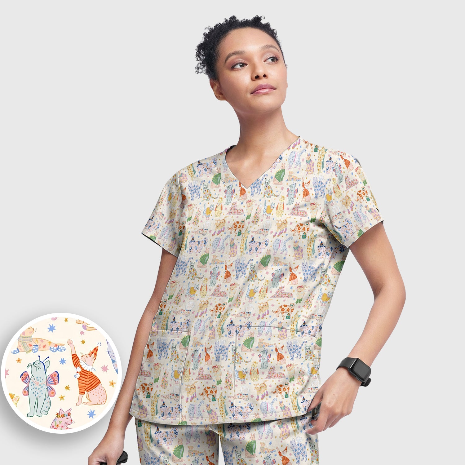 Cute Colorful Cats Pattern Scrub Set, Scrub Pants and V Neck Top