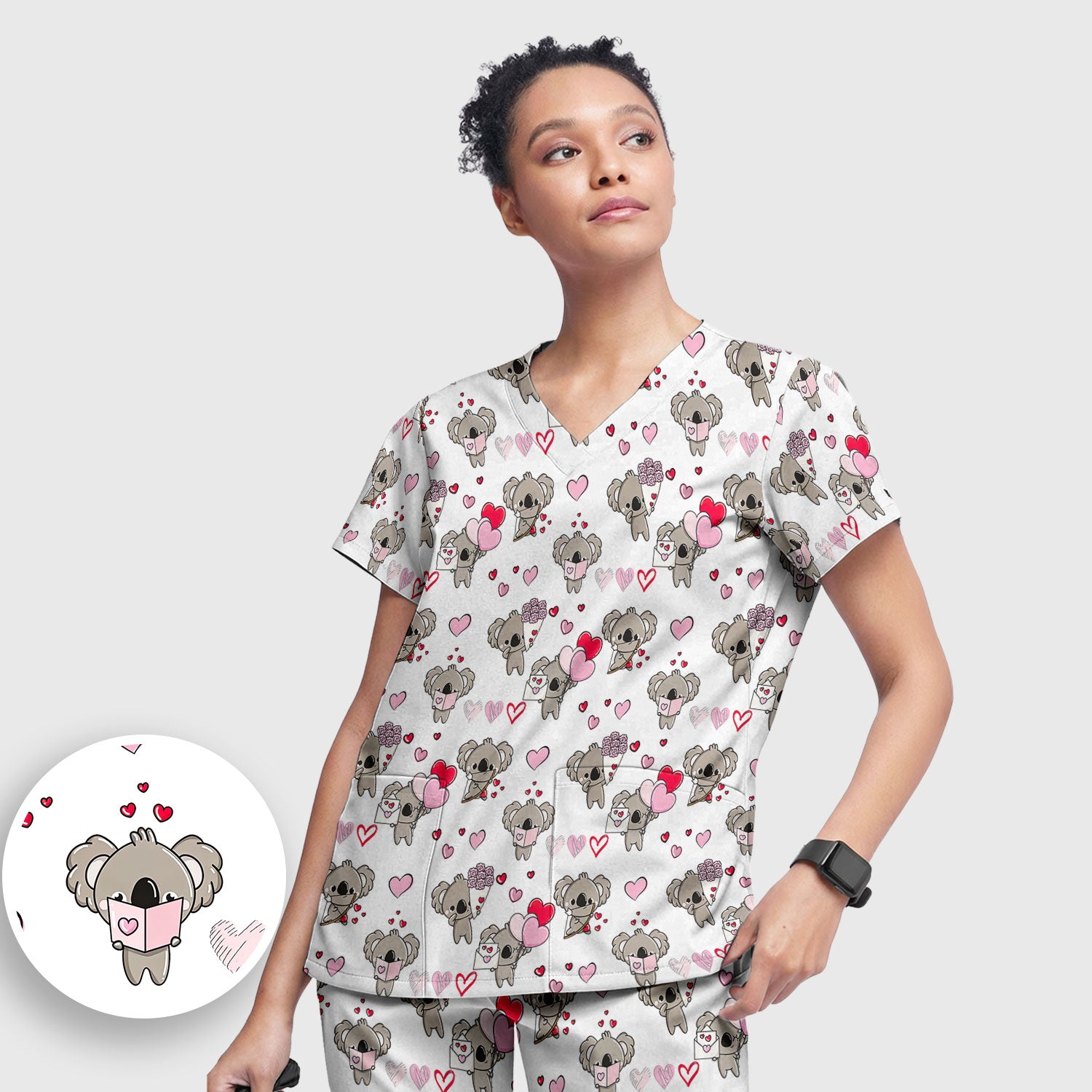 Valentine Koala Holding Flowers Cute Print Scrub, Women's Scrub Sets